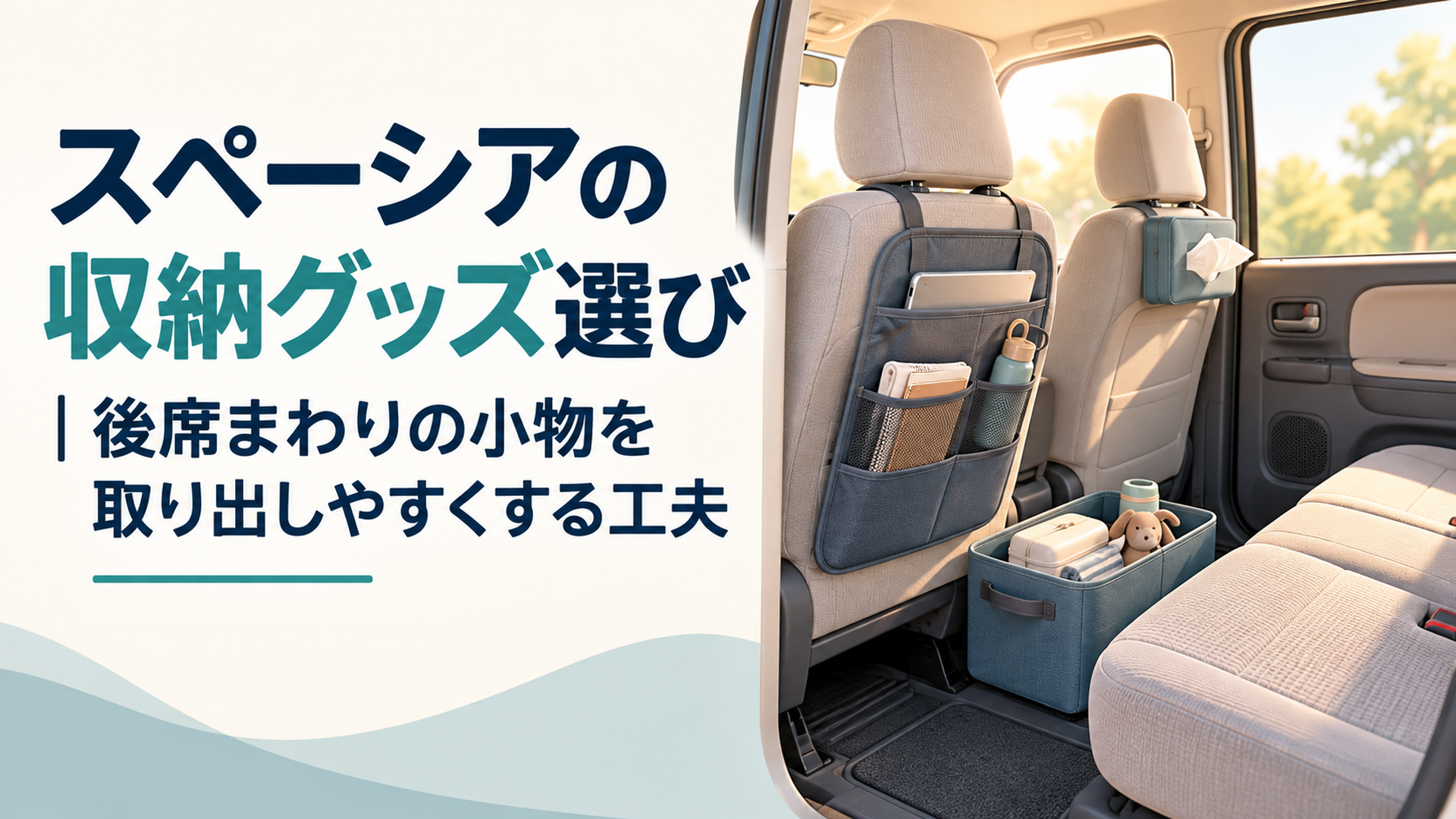 スペーシアをイメージした停車中の軽ハイトワゴンの後席で、薄型ティッシュケース、シートバックポケット、床置き収納ボックスを並べて用途の違いを見比べる場面
