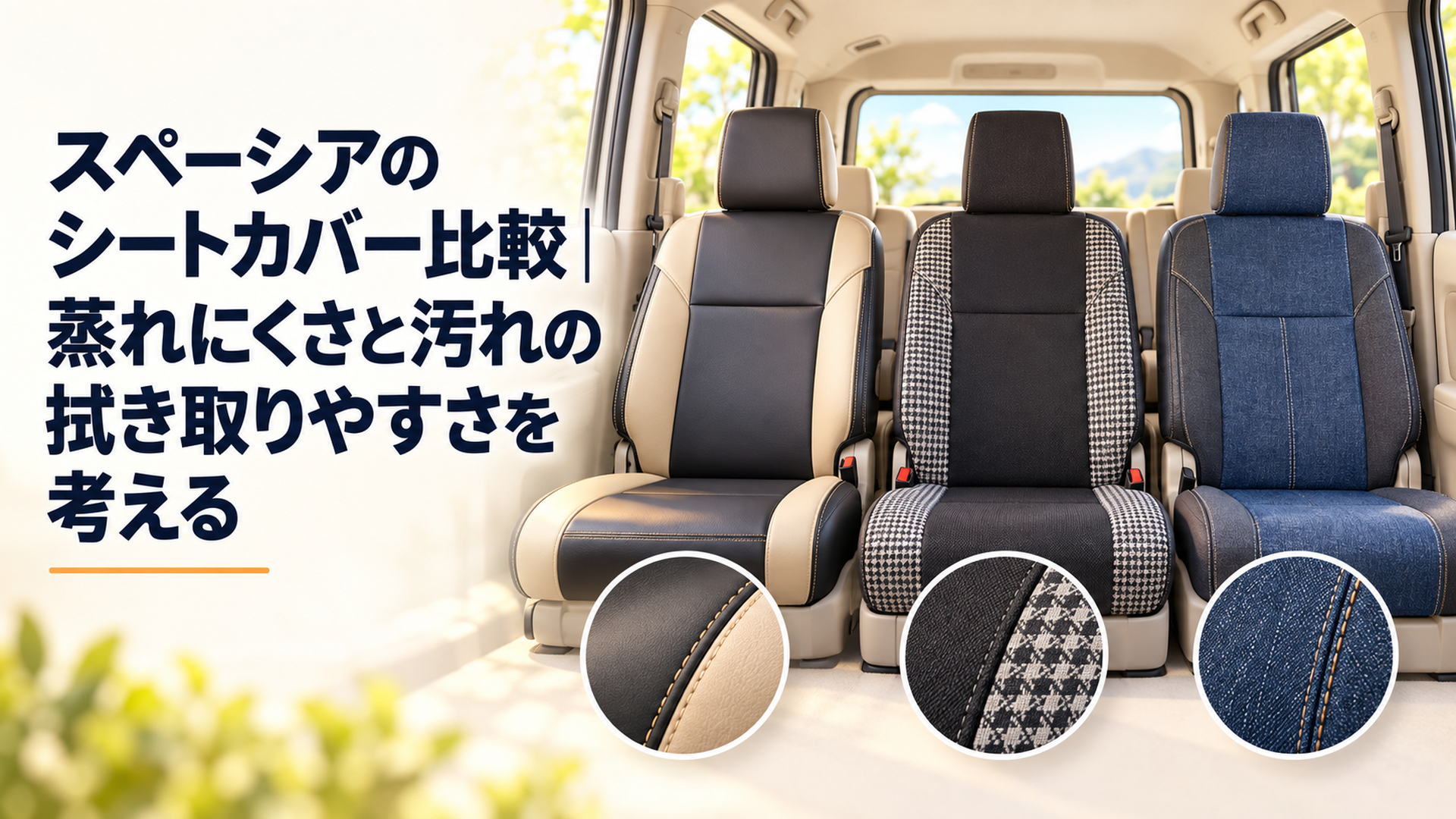 明るい軽ハイトワゴンの車内に、ツートーンの合成皮革、中央が無地で側面が柄入りのカバー、中央がデニムの素材見本を並べた比較風景