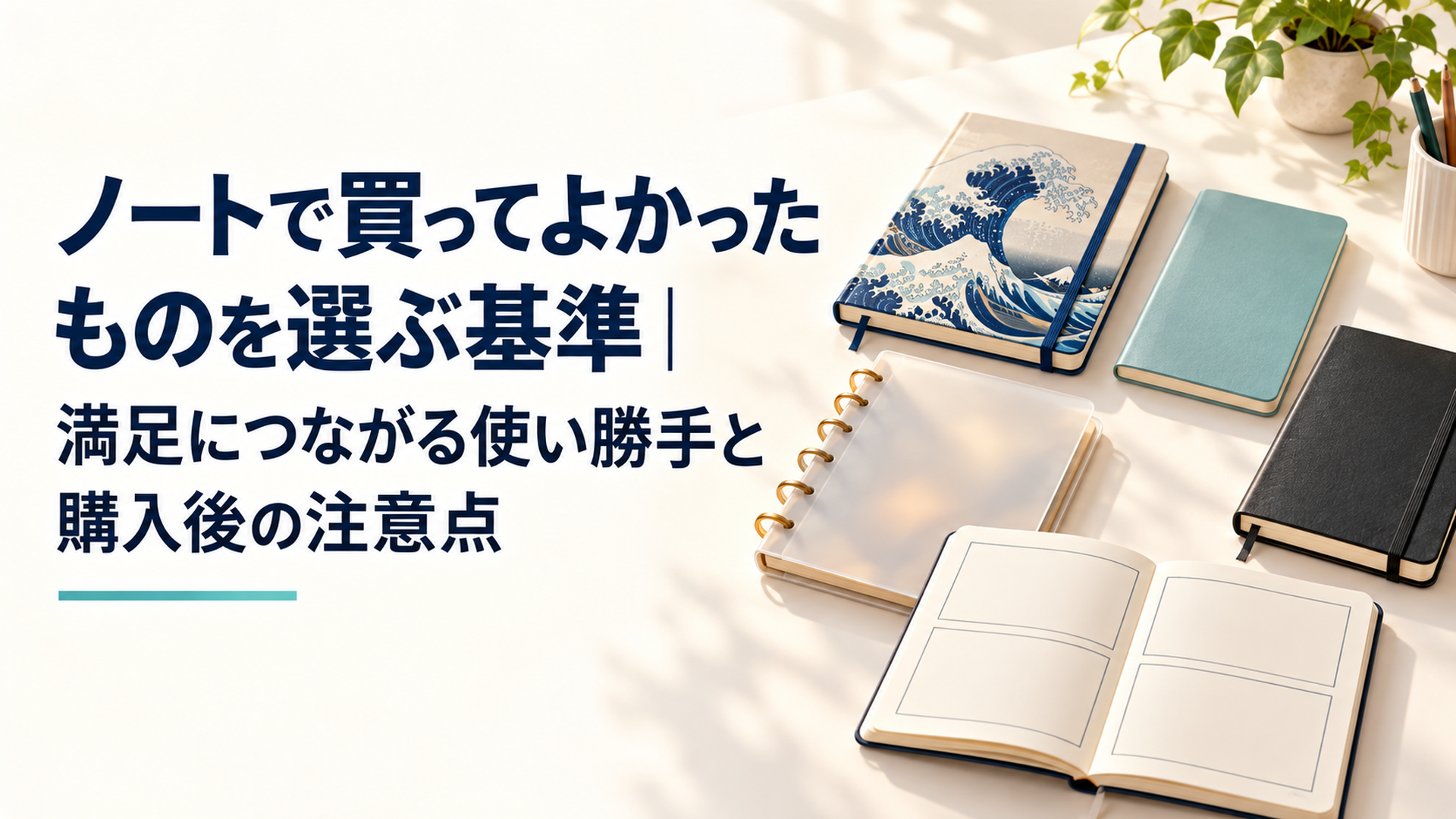 明るい机に北斎柄をイメージした綴じノート薄型のカラーノート柔らかいリングのノート黒いハードカバーノート４コマ形式のノートが並ぶ場面