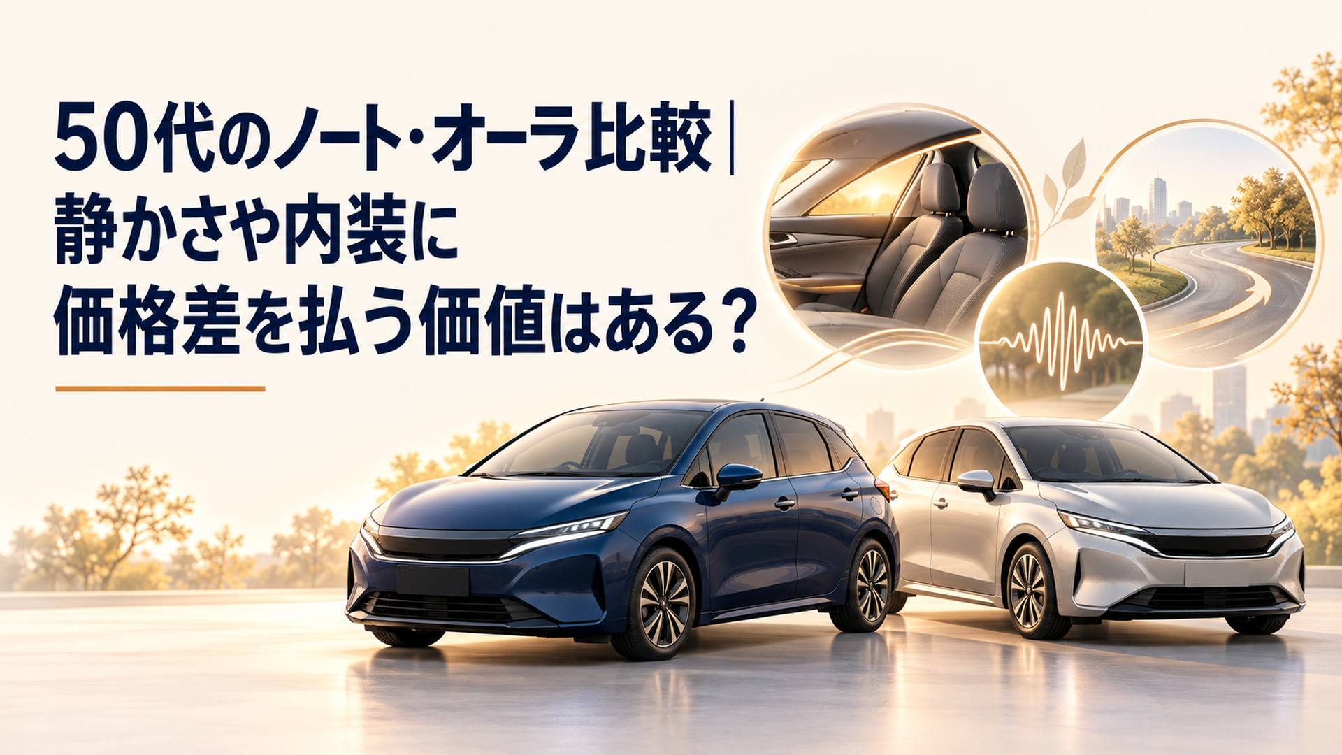 明るい背景に並ぶ二台のコンパクトカーと、2024年仕様の価格・内装・遮音・小回りを比較する落ち着いたイメージ