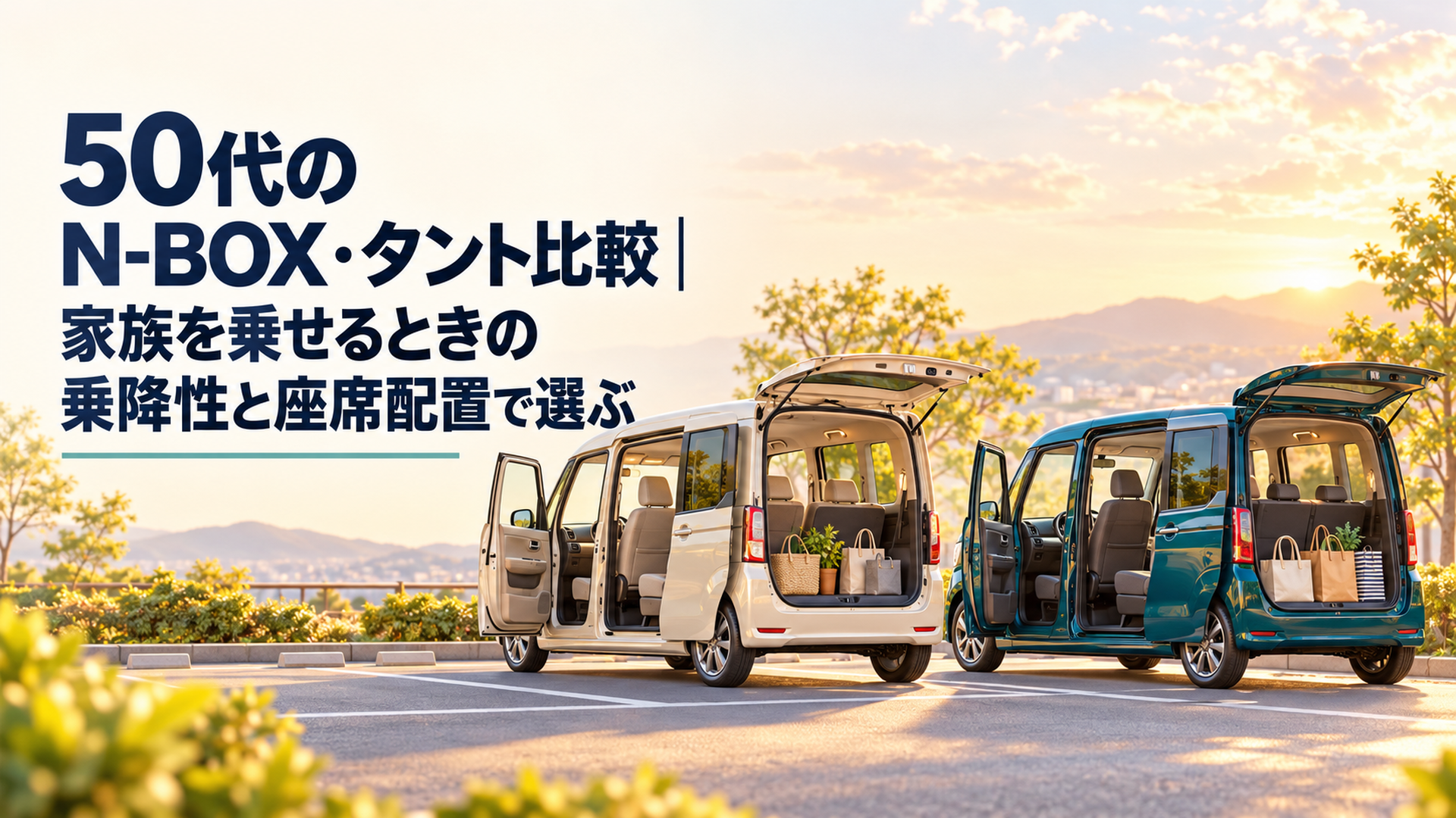 明るい駐車場に並ぶ二台の軽スーパーハイトワゴンと、助手席側の前後ドア開口、後席、買い物袋のある荷室を比較する場面