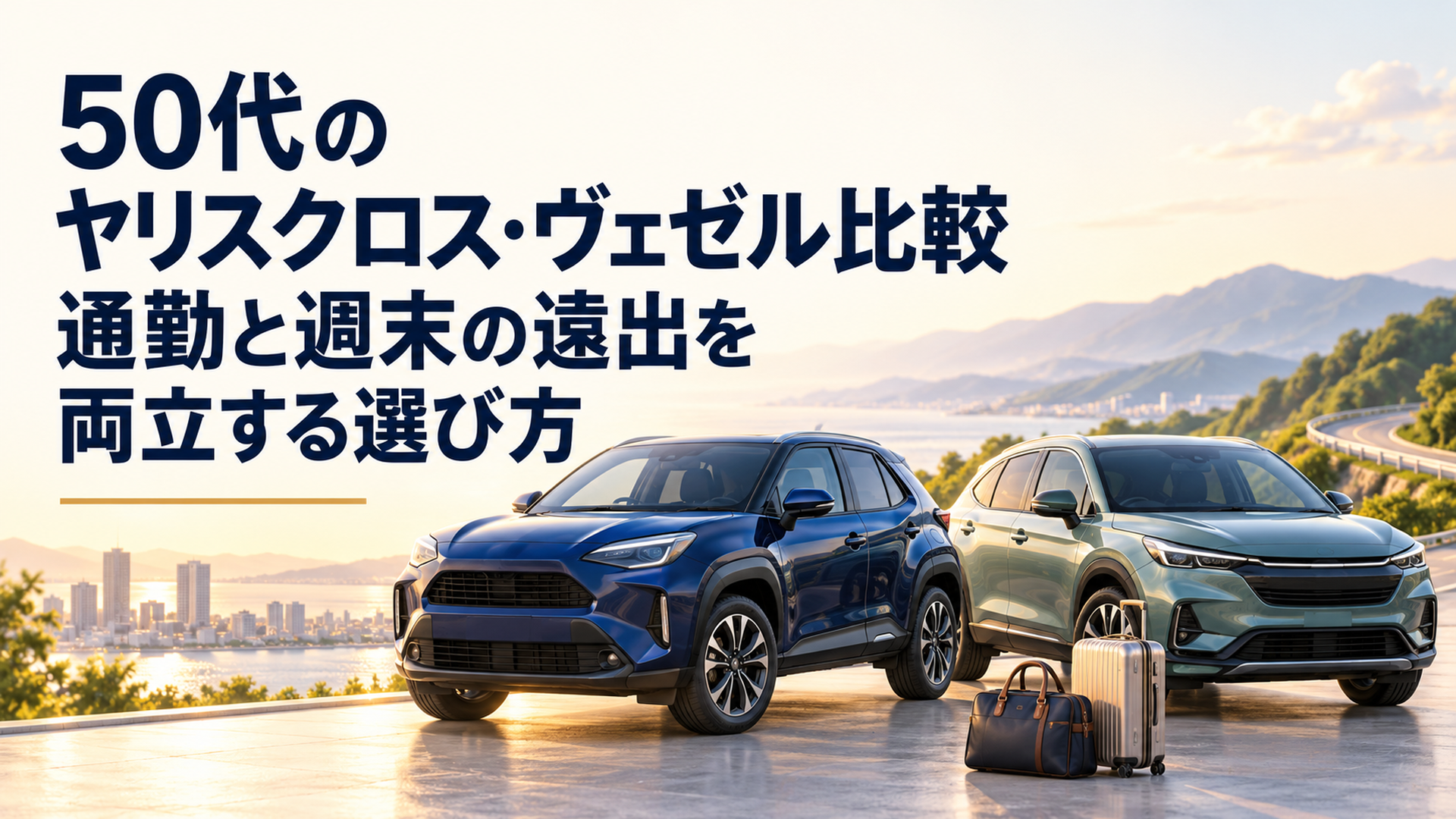 明るい背景に2020年式ヤリスクロスと初代ヴェゼルをイメージしたコンパクトSUV二台を並べ、通勤バッグと旅行バッグを添えた落ち着いた比較シーン