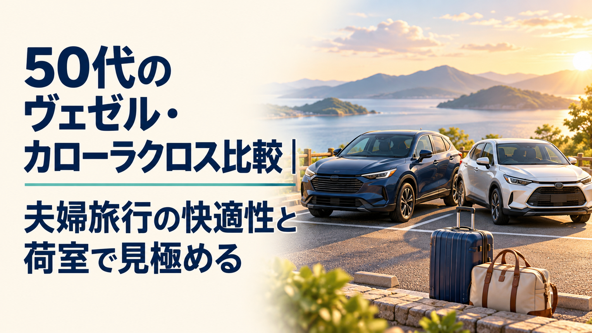 明るい旅先の駐車場に並ぶ二台のSUVと夫婦二人分の旅行バッグを描いた落ち着いた比較イメージ