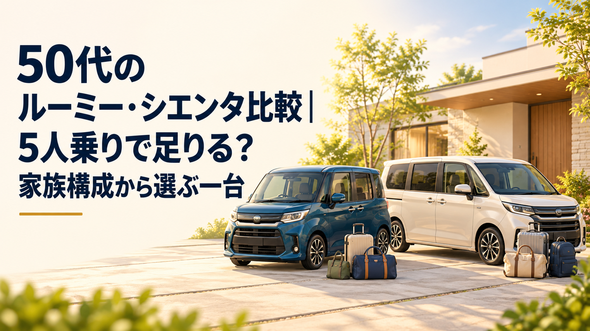 明るい住宅前に並ぶ短い５人乗りスライドドア車と３列シートのスライドドア車、家族旅行用のバッグを添えた比較イメージ