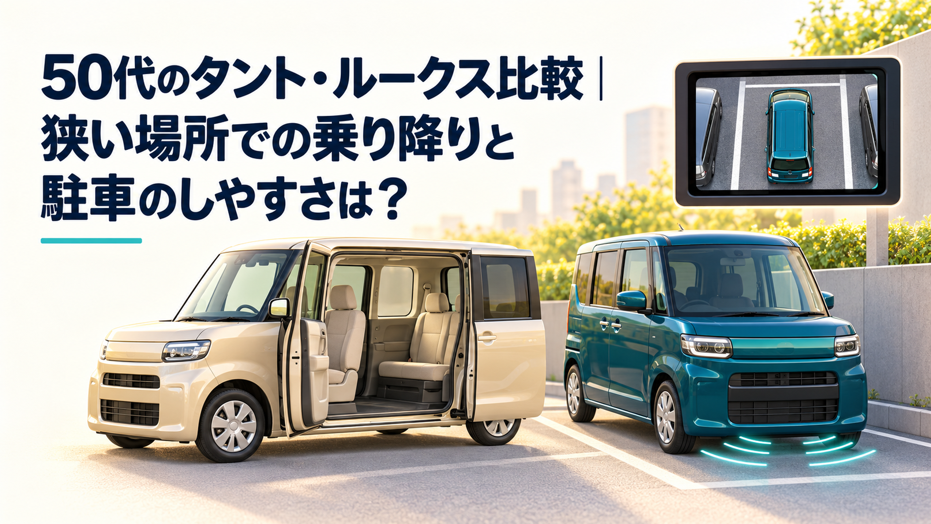 中古の軽スーパーハイトワゴン２台を並べ、タントをイメージした車の助手席側の大開口とルークスをイメージした車の駐車カメラを見比べる場面