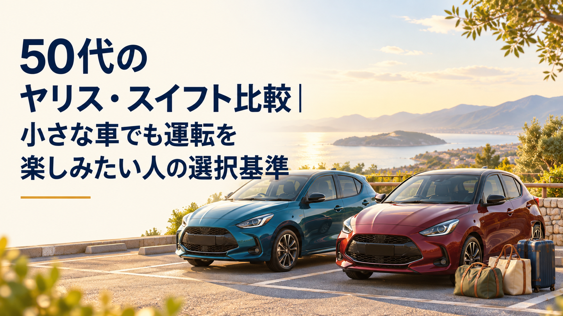 明るい駐車場に並ぶ２台の小型ハッチバックと、休日のドライブを思わせる旅行バッグ