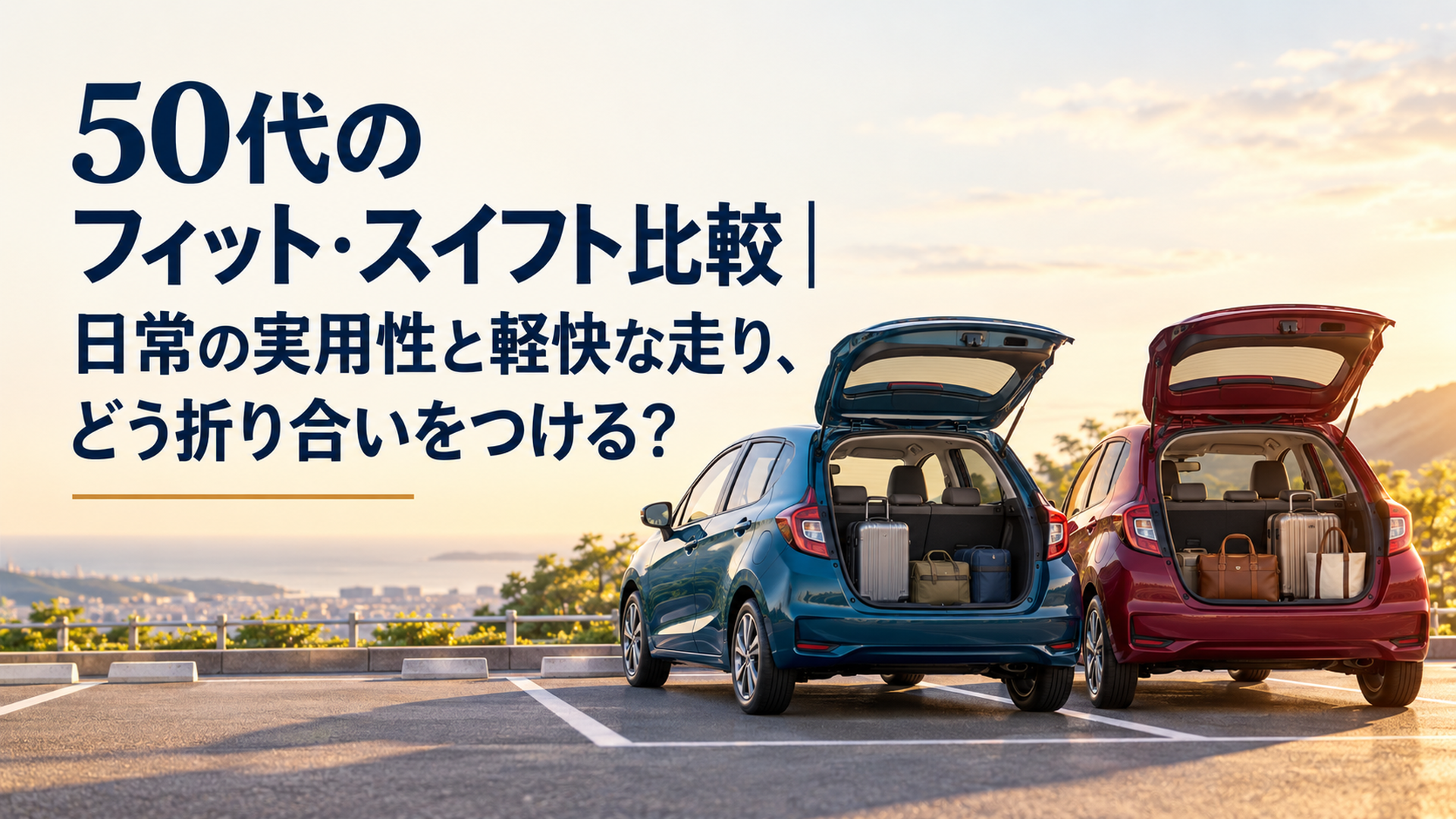 明るい駐車場に並ぶ二台のコンパクトハッチバックと旅行バッグ、後席と荷室の使い勝手を比較するイメージ