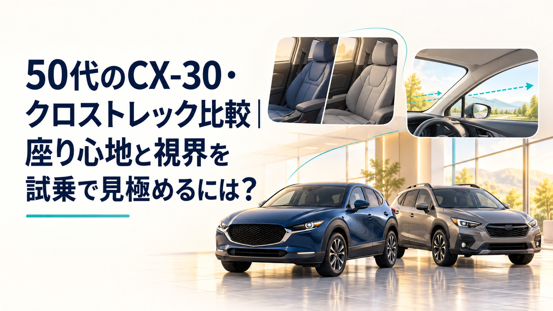 明るいショールームに並ぶ二台のコンパクトSUVと、運転席・助手席の調整や窓からの見え方を比較する落ち着いたイメージ