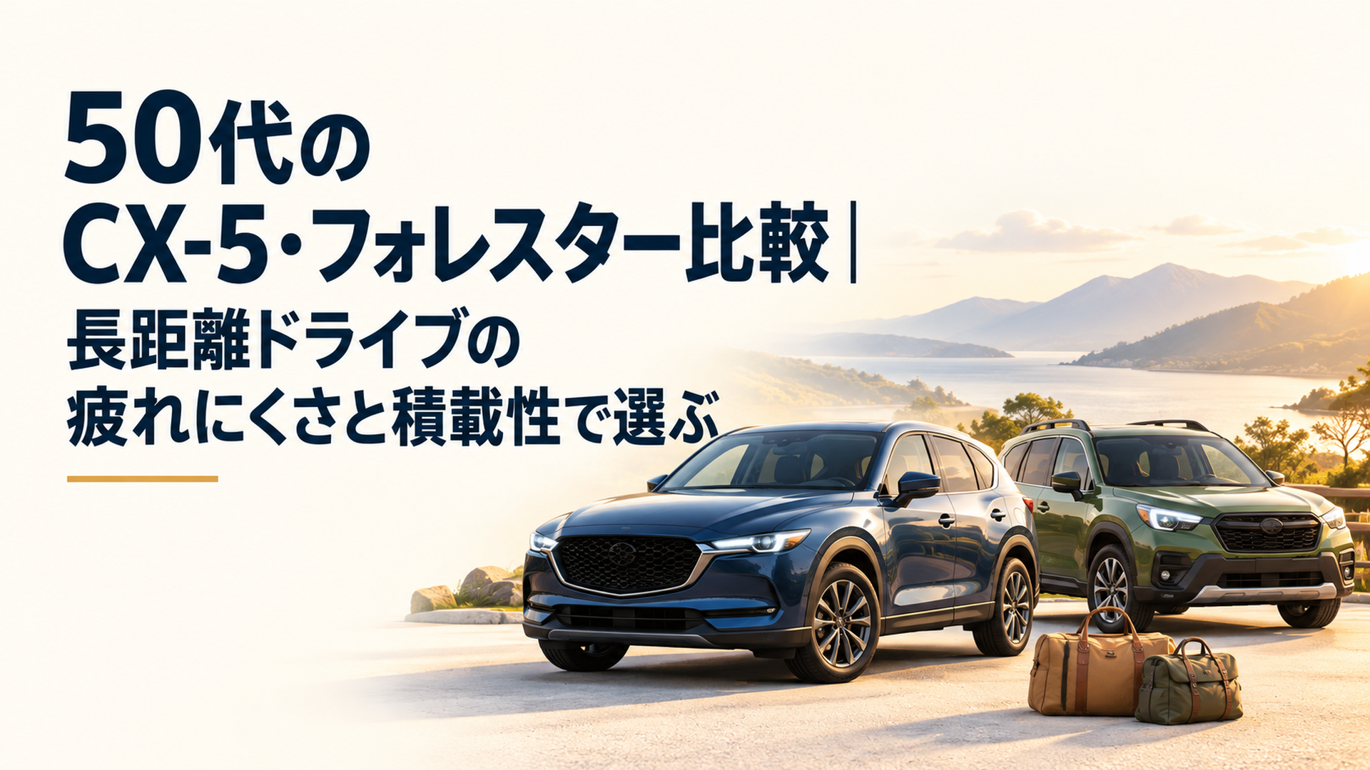 明るい背景に並ぶ新型CX-5とフォレスターをイメージした二台のSUVと、夫婦旅行のバッグ