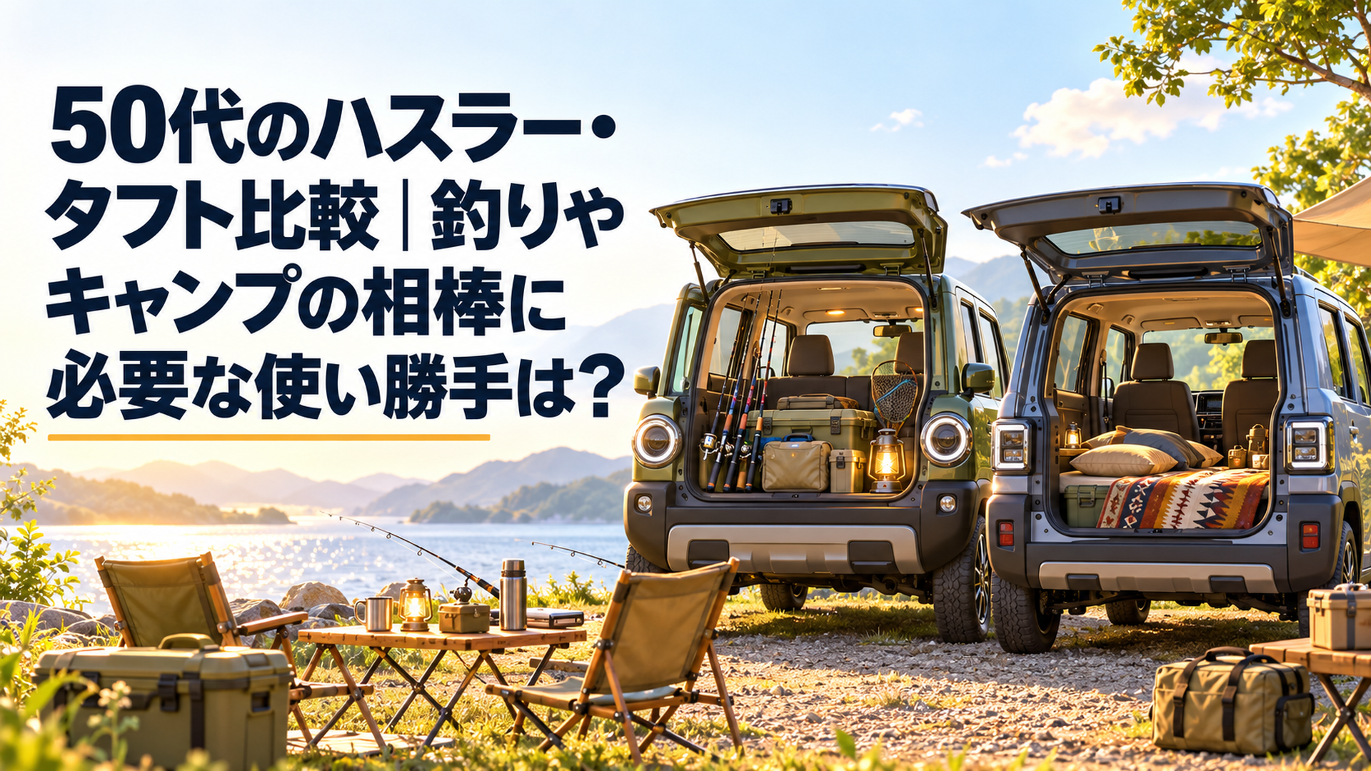 丸目と角目の二台の軽SUVを並べ、釣り道具とキャンプ用品の積載、車内休憩の使い方を比較する明るい風景