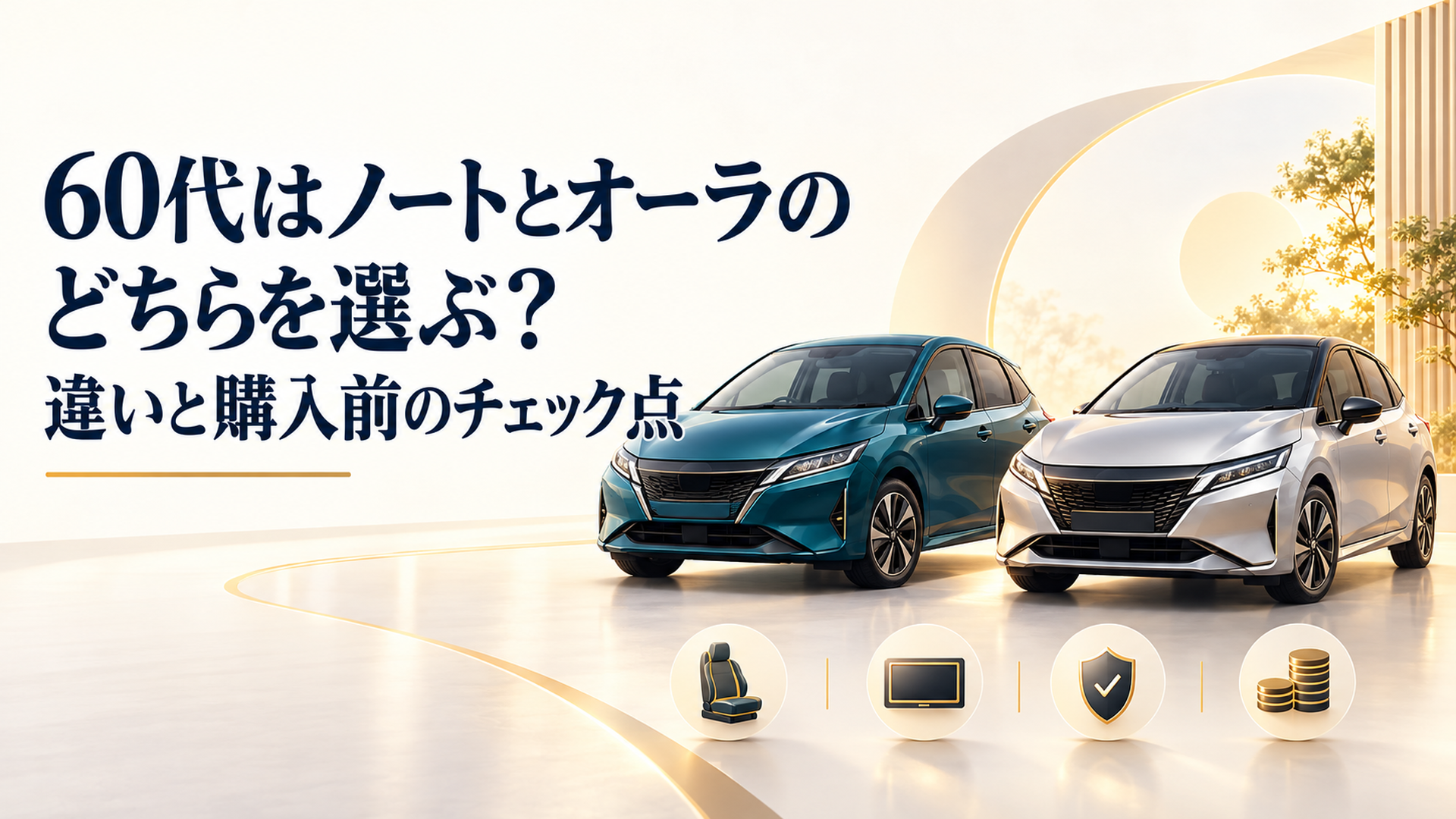 ノートとノート オーラを並べ、現行の価格と装備の違いを比べるイメージ