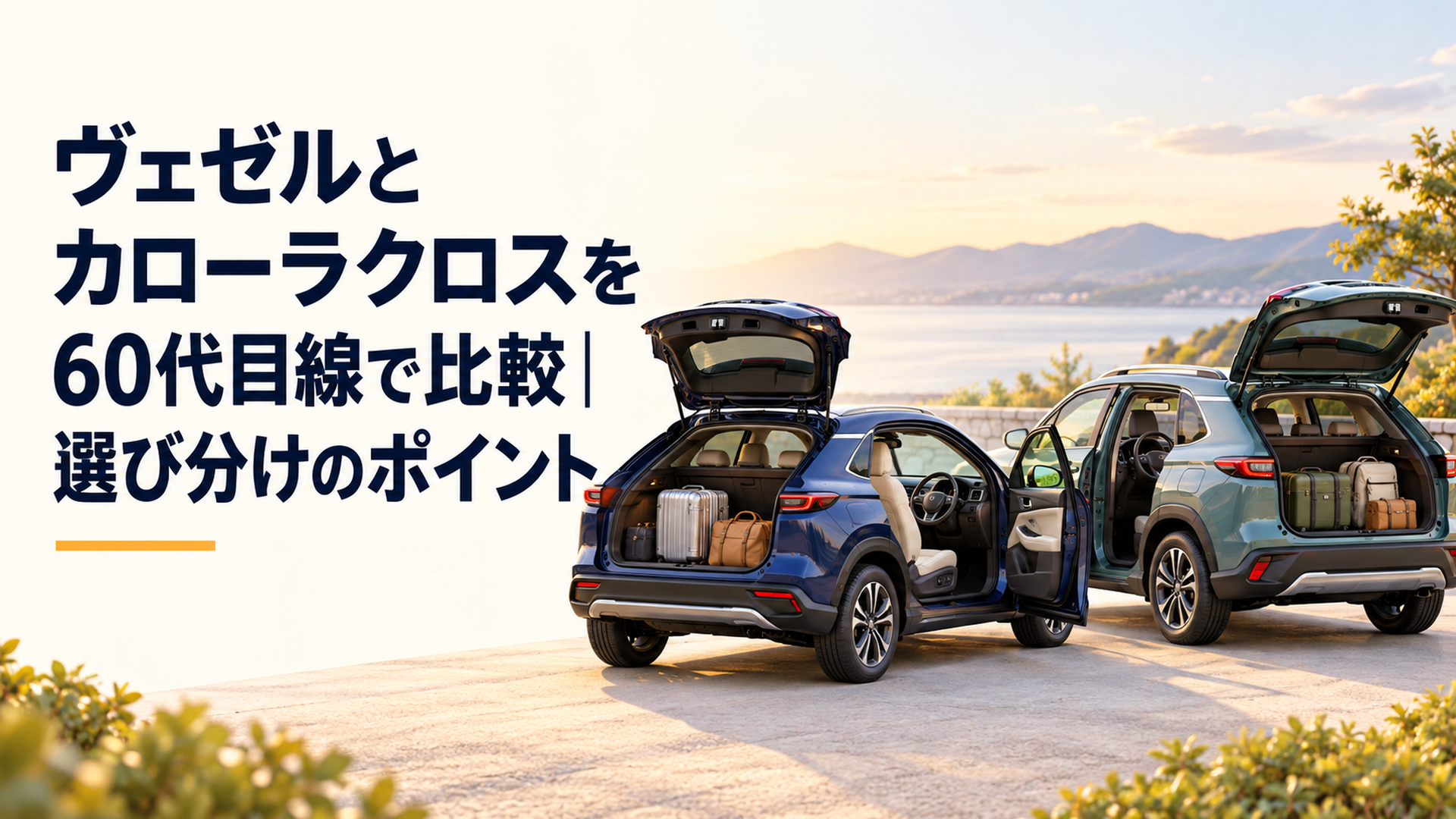 ヴェゼルとカローラクロスを並べ、運転席への乗り込みやすさと荷室の使い方を比べる場面