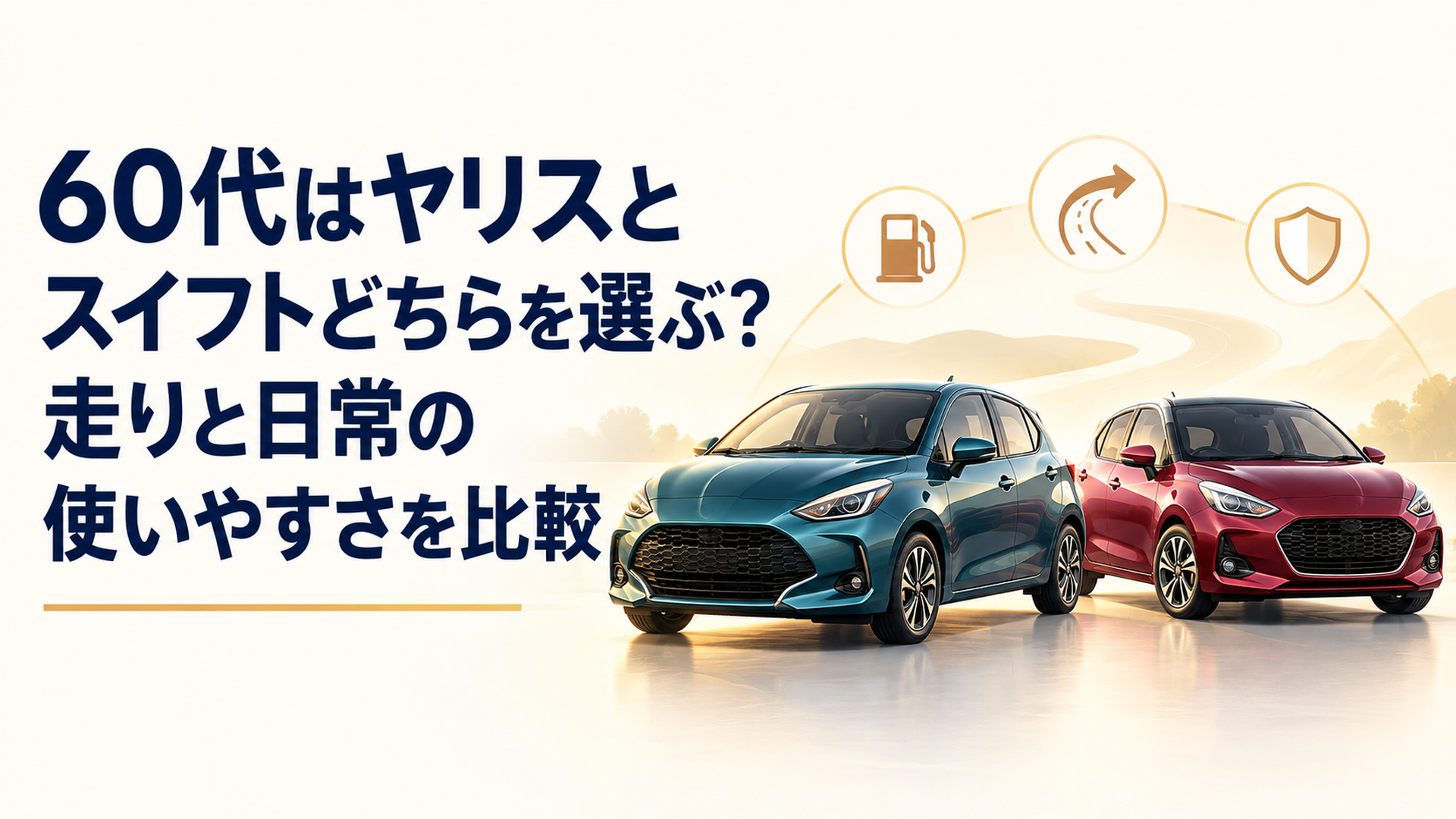 ヤリスとスイフトを並べ、燃費・小回り・安全装備の違いを比べるイメージ