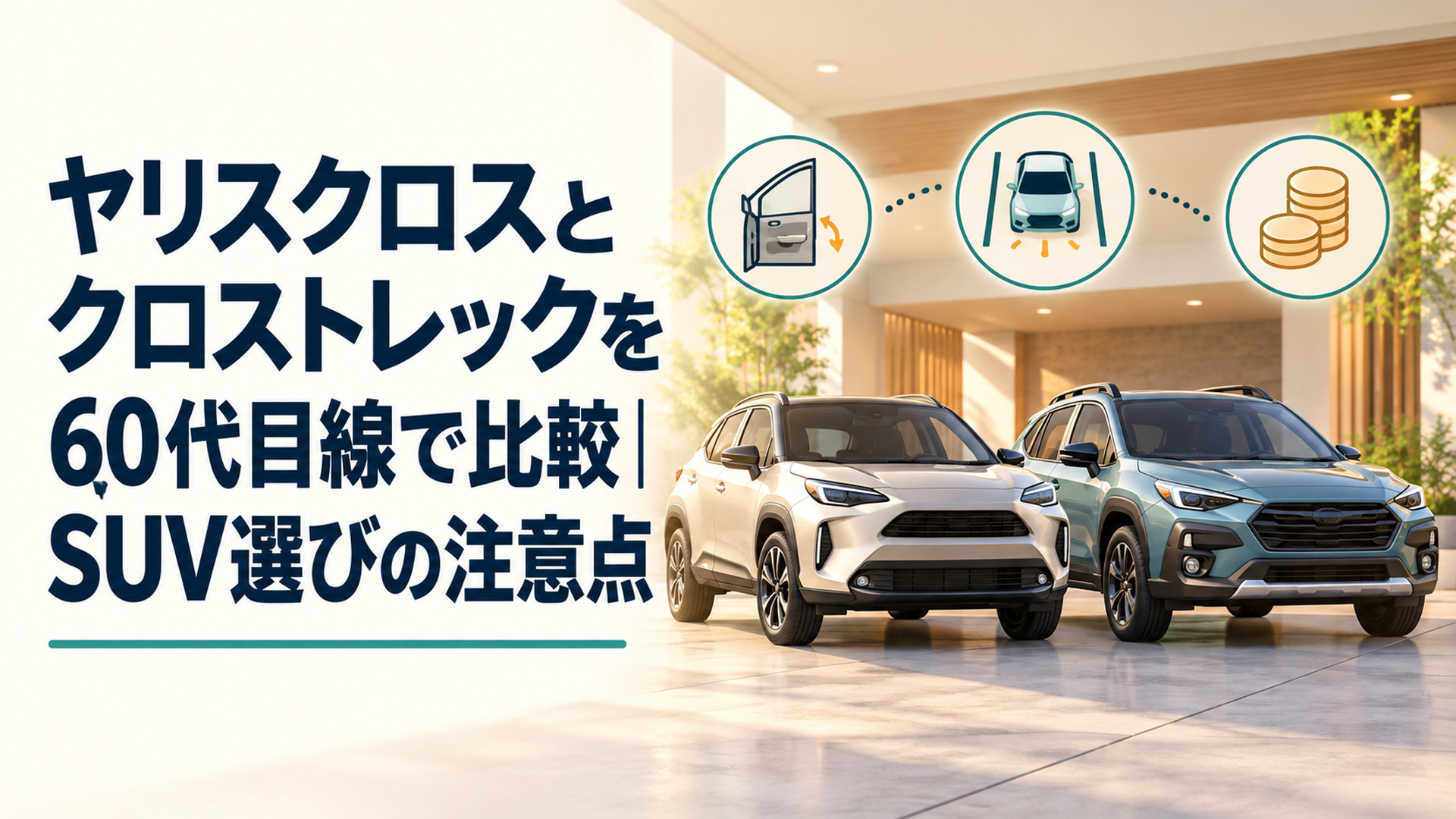 ヤリスクロスとクロストレックを並べ、乗降・駐車・価格の比較ポイントを示す明るいイラスト