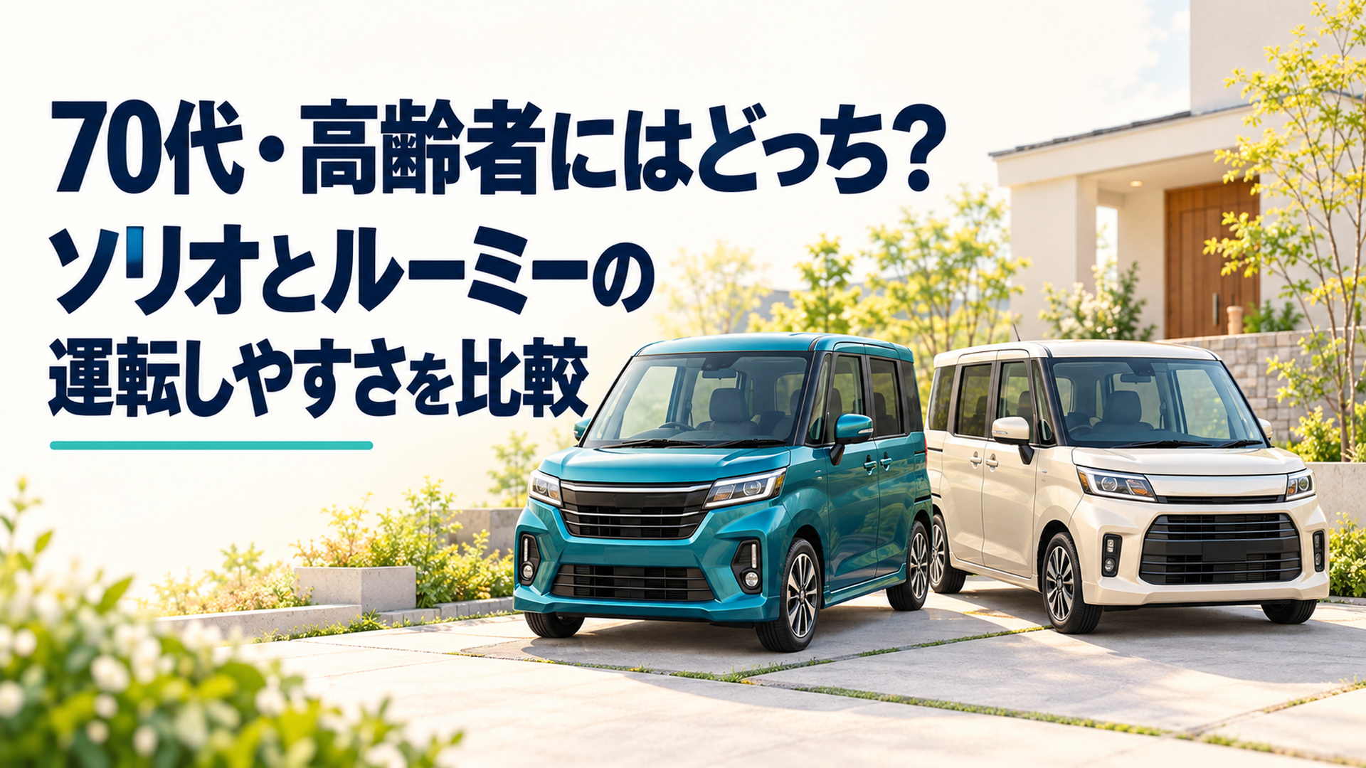 明るい住宅街の駐車場に並ぶソリオとルーミーを斜め前方から描き、車体の幅と長さの違いを穏やかに伝える比較イメージ