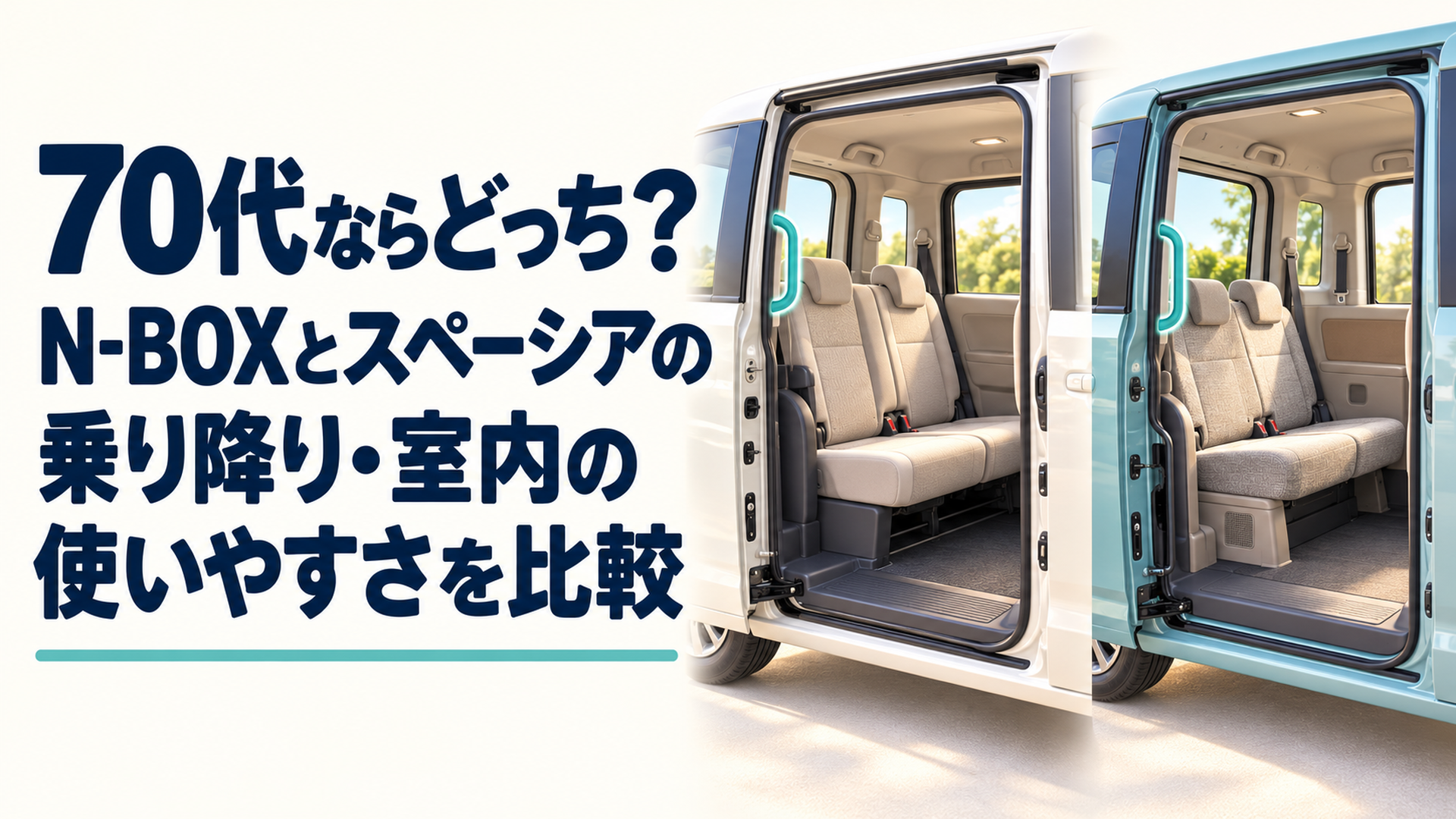 N-BOXとスペーシアの後席を並べ、乗降時の手の位置や座席の使い方を確認する場面