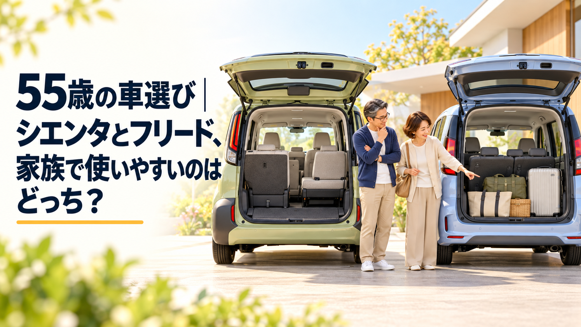 シエンタとフリードを並べ、50代の夫婦が後席と荷室を見比べる場面