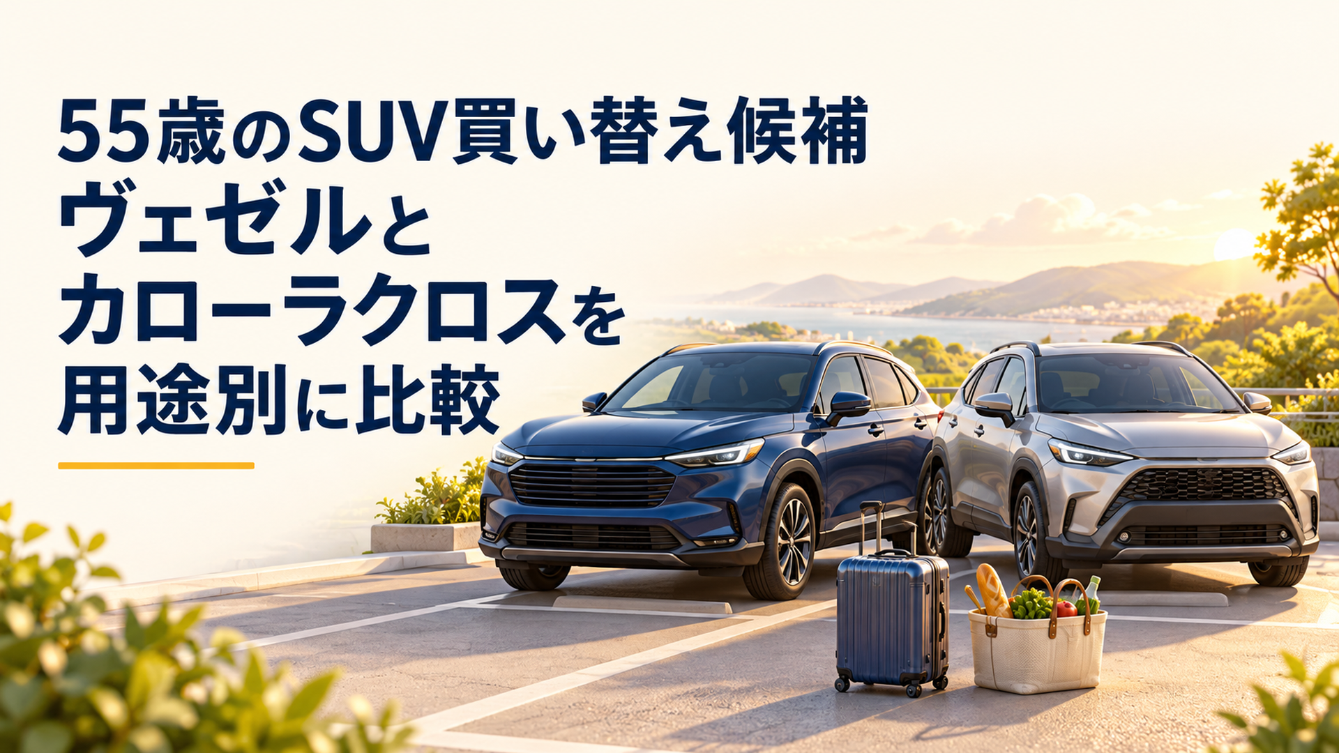 明るい駐車場に並ぶヴェゼルとカローラクロス、手前に同じ旅行かばんと買い物かごを置いた落ち着いたSUV比較シーン
