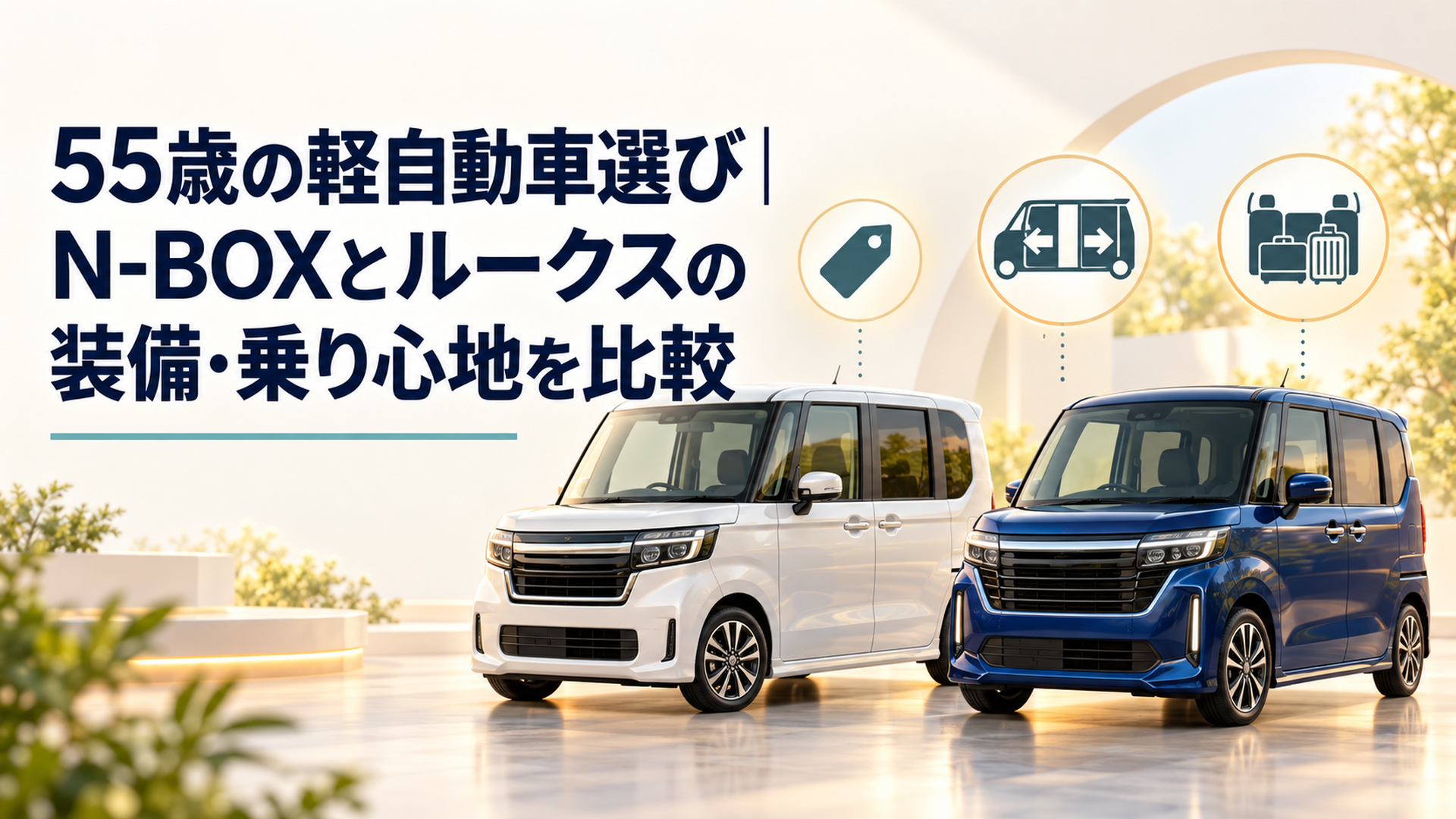 明るい背景にN-BOXと新世代ルークスを並べ価格と両側電動スライドドアと後席荷室の違いを表す落ち着いた新車比較