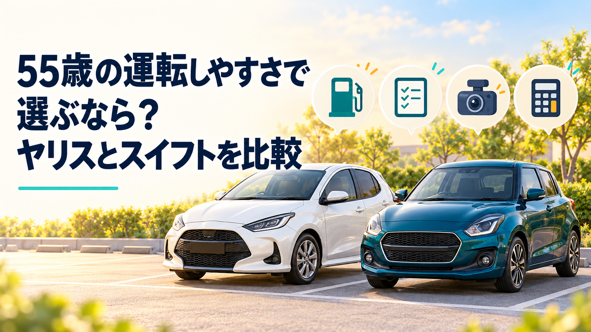 明るい駐車場に並ぶヤリスとスイフトを燃費と標準装備とカメラ追加後の購入費で比較するイメージ