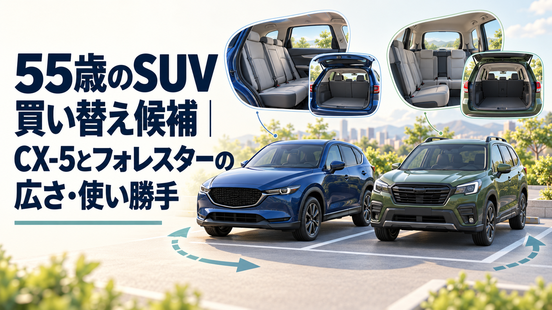 明るい背景に2026年国内仕様の3代目CX-5と第6世代フォレスターを並べ、後席の座席配置と荷室、駐車場での取り回しを示す落ち着いたSUV比較イラスト
