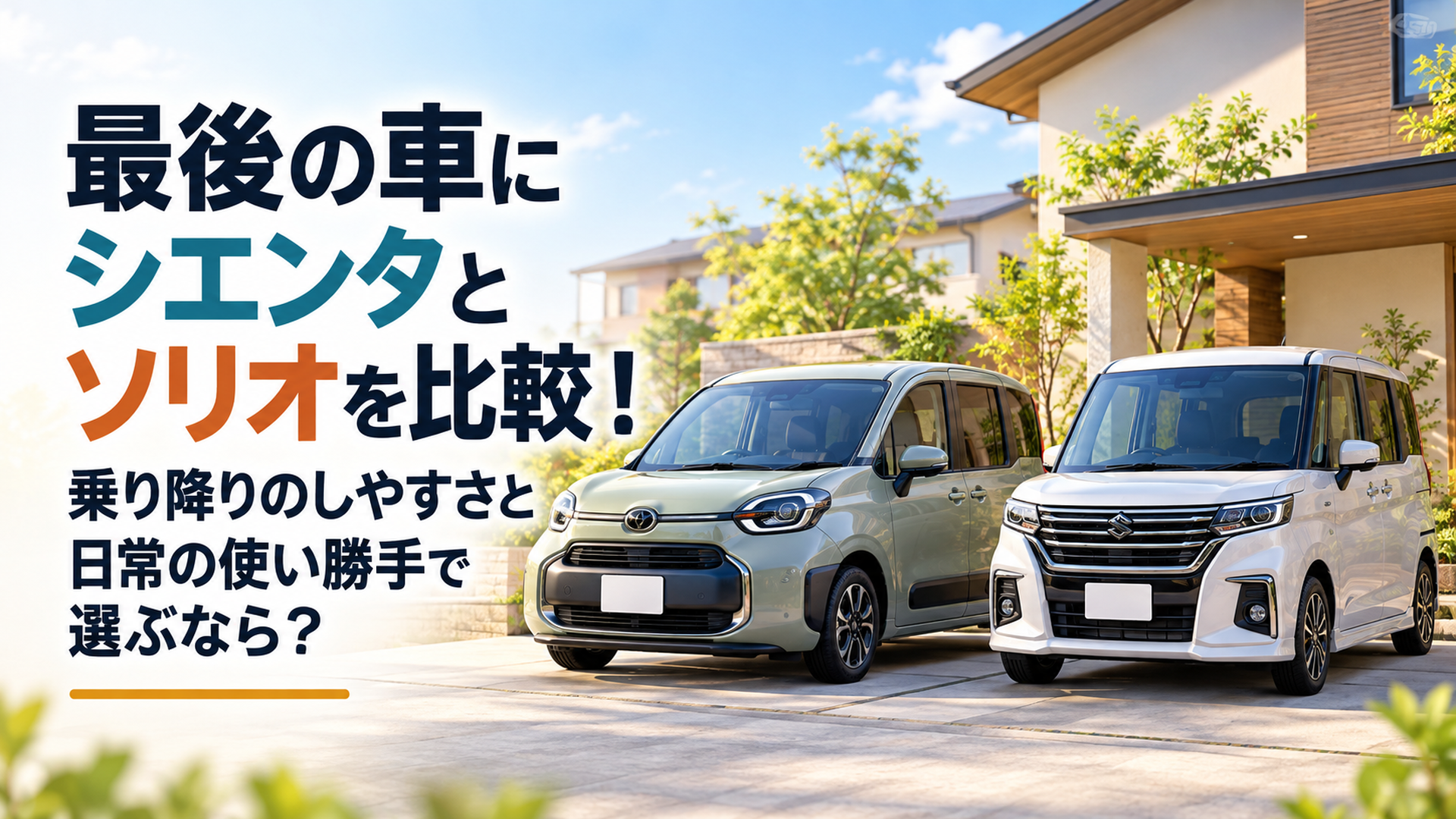 明るい住宅街の駐車場にトヨタ・シエンタとスズキ・ソリオを並べた上品な16対9の高品質3Dイラスト。左側に「最後の車はシエンタ？ソリオ？」という大きく読みやすい日本語見出し、右側に2台のスライドドア車を配置。柔らかな自然光、落ち着いた色調、文字が切れない十分な余白を確保した構図