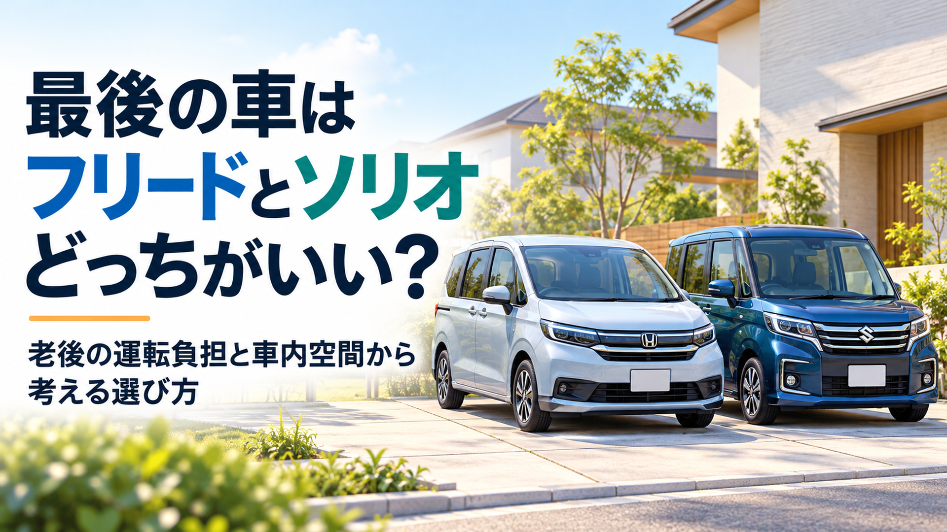 明るい住宅街の駐車場に現行ホンダ・フリードと現行スズキ・ソリオが並ぶ横長16対9の高品質3Dイラスト。左側に大きく「最後の車はフリードとソリオどっち？」という日本語見出しを配置し、右側に2台の車を配置。明るい背景と落ち着いた色彩で50代から70代の車選びにふさわしい上品で親しみや