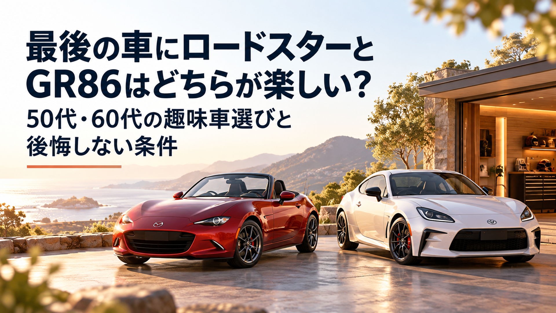 明るい背景にマツダ・ロードスターとトヨタGR86を左右に並べた上品な16対9の高品質3Dイラスト。ロードスターは幌を開けた軽快なオープンスポーツ、GR86は力強いクーペスタイル。50代・60代の最後の趣味車選びをイメージした落ち着いた構図。左側に大きなタイトル用の余白を確保