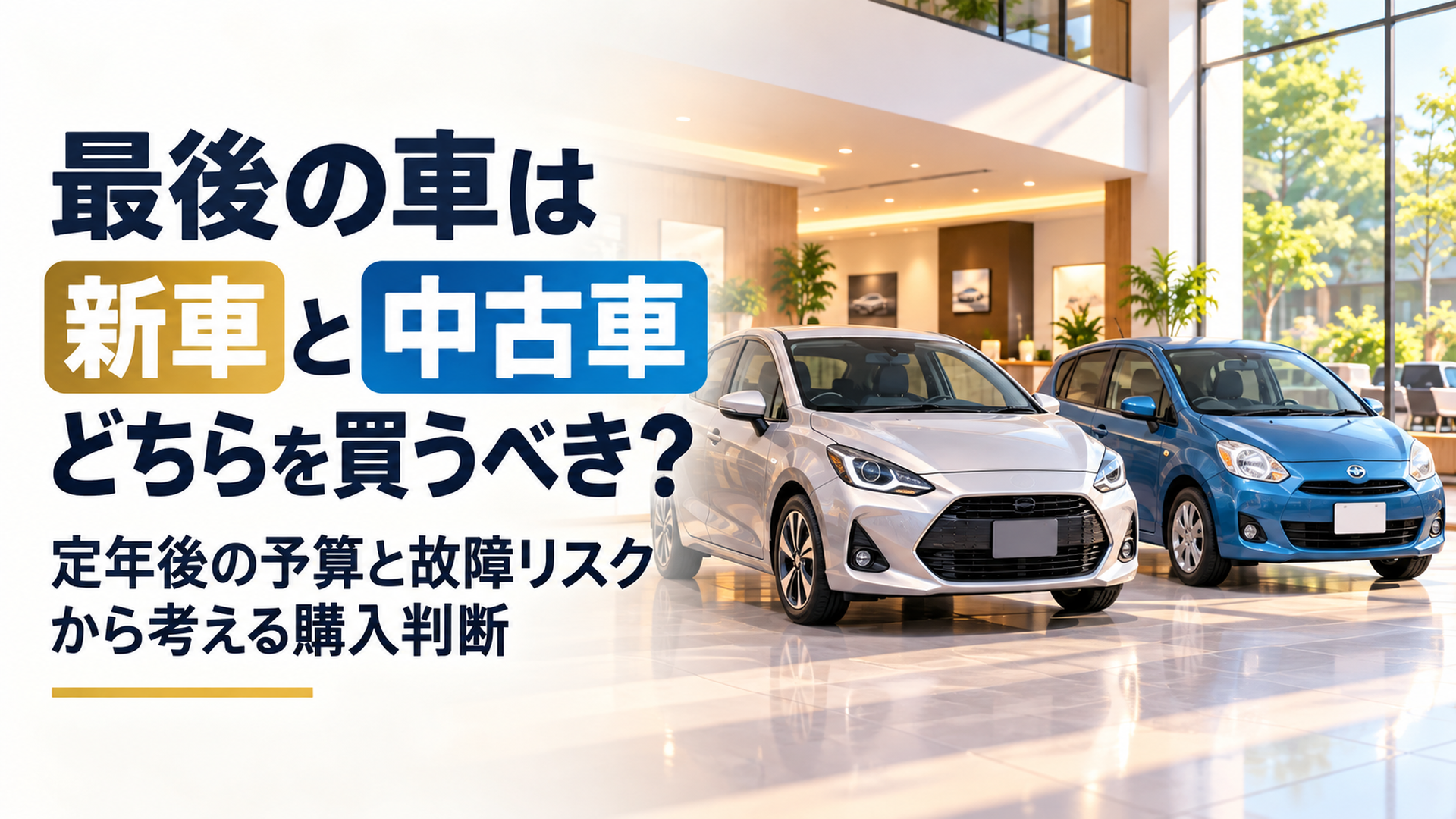 明るく上品な自動車ショールームに新車を象徴するシルバーのコンパクトカーと中古車を象徴するブルーのコンパクトカーを並べた高品質3Dイラスト。左側に「最後の車 新車と中古車どちら？」という大きな日本語見出し、右側に2台の車。ライト背景、16対9の横長構図、文字が画面内に収まるデザイン