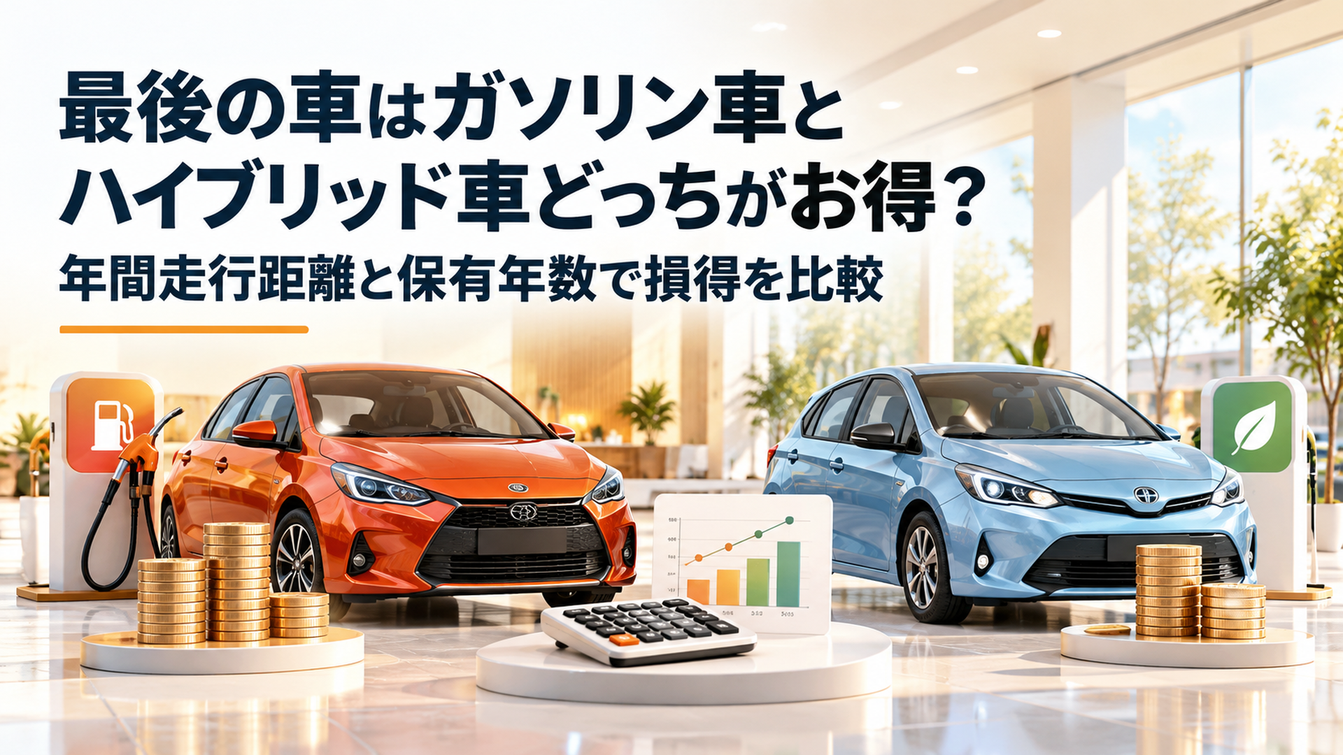 明るい上質な自動車ショールームにガソリン車とハイブリッド車のコンパクトカーを左右に並べ、燃料代や購入費用を比較するイメージ。落ち着いた大人向けの高品質3Dイラスト。ライト背景、文字なし