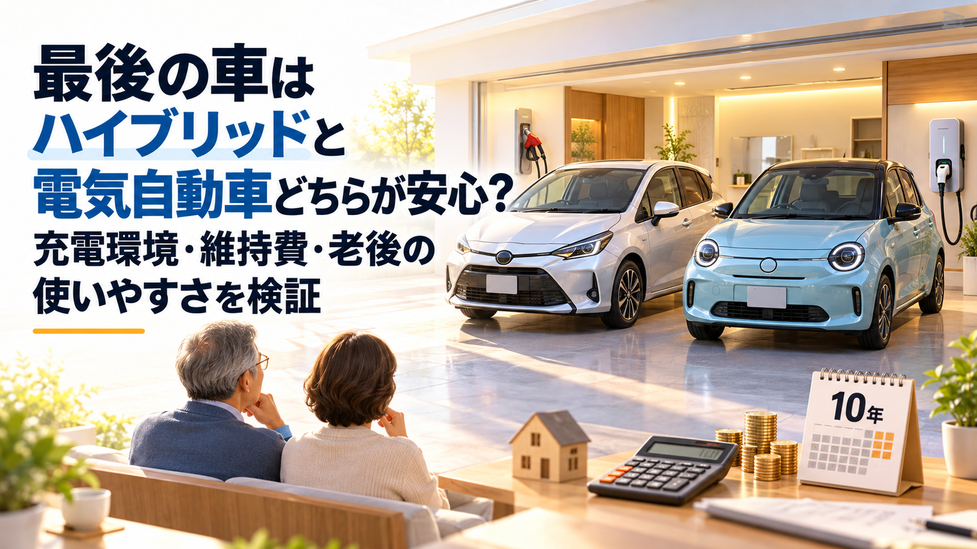 明るい高級ガレージで上品なコンパクトハイブリッド車と小型電気自動車を左右に配置し、家庭用充電設備と給油ノズル、電卓、10年間を象徴するカレンダーを組み合わせた高品質3Dイラスト。50代・60代の最後の車選びを表現。ライト背景、16対9構図