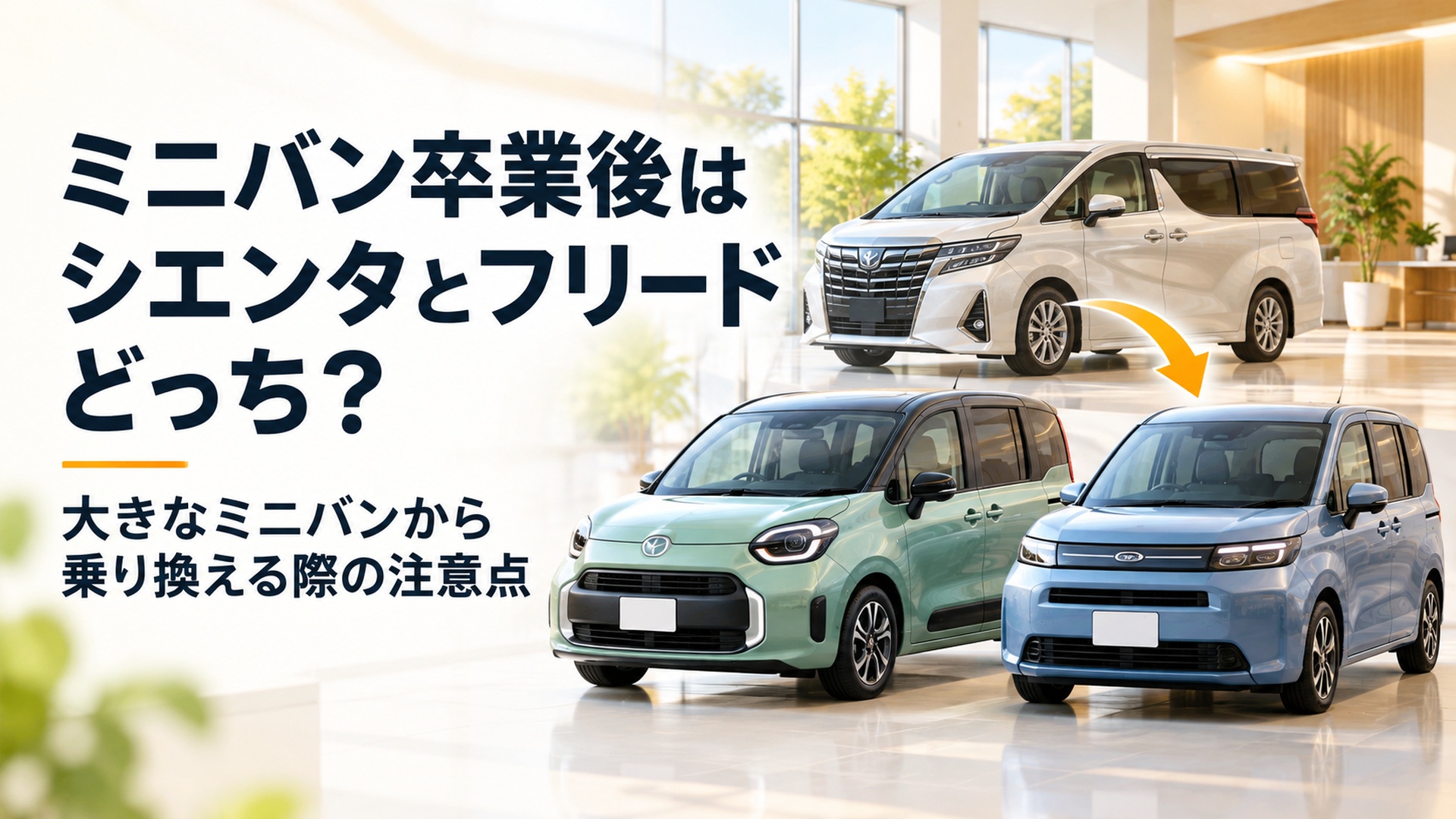 明るい上質な自動車ショールームで、大型ミニバンからコンパクトなシエンタ風とフリード風の2台へ乗り換える場面。左側に「ミニバン卒業後はシエンタとフリードどっち？」という大きな日本語タイトル、右側に丸みのあるコンパクトミニバンと端正な四角いコンパクトミニバンを並べた高品質3Dイラスト
