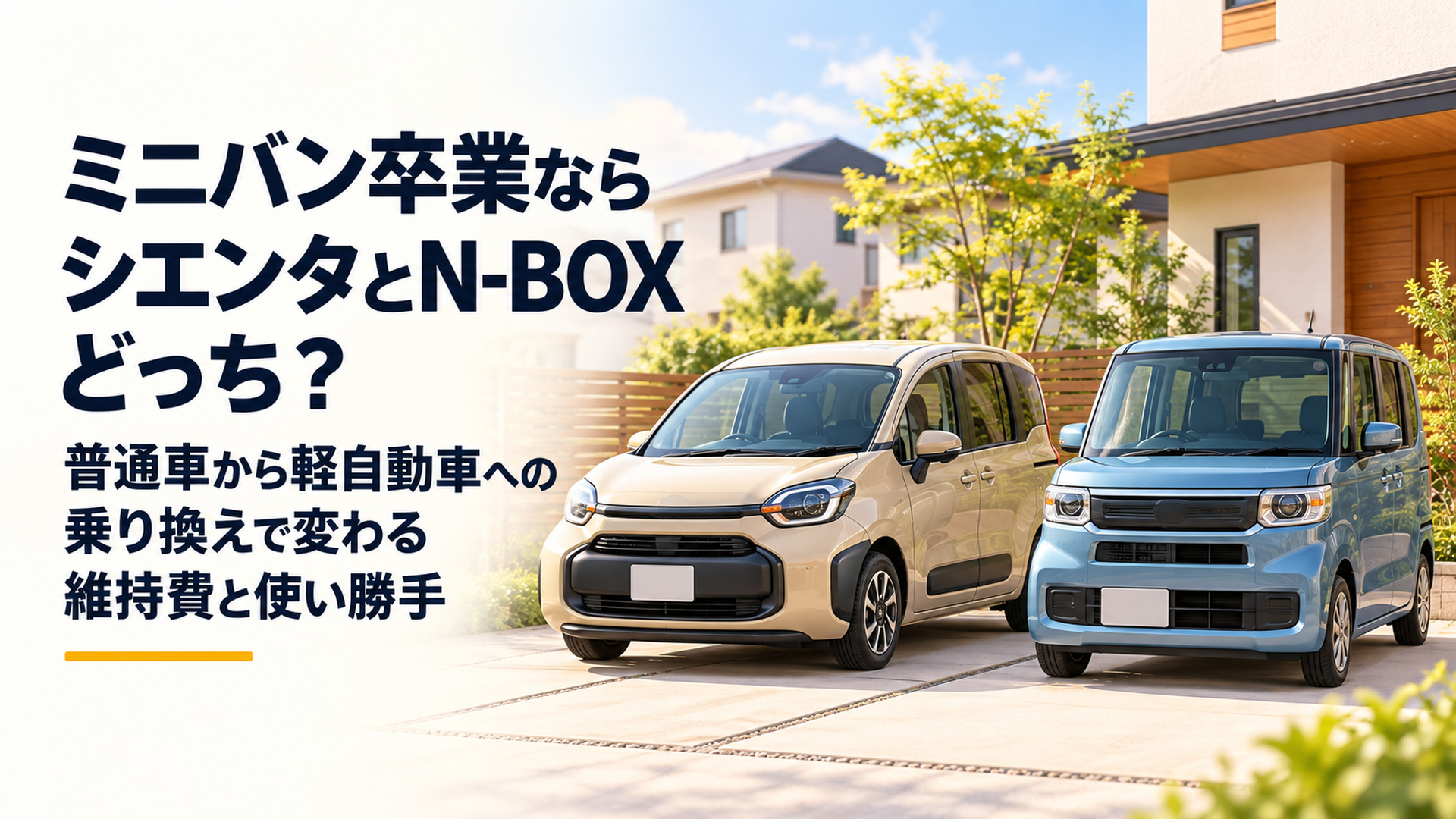 明るい住宅街の駐車場に上品なベージュのシエンタ風コンパクトミニバンと落ち着いたブルーのN-BOX風軽スーパーハイトワゴンを並べた高品質3Dイラスト。左側に大きな日本語タイトルを配置する明るい余白を確保し、右側に2台を配置した16対9の構図。柔らかな自然光、温かみのある洗練された色