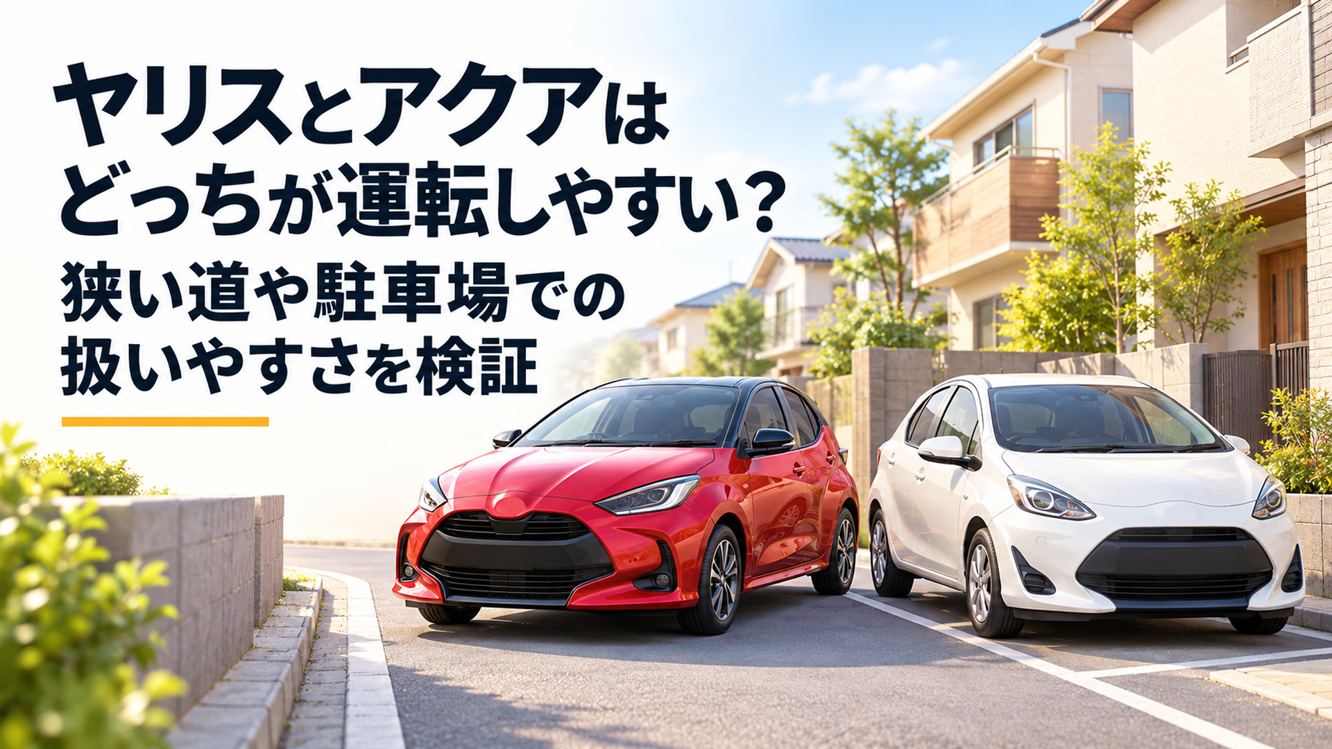 明るい日本の住宅街を背景に、左側に赤いヤリス風コンパクトカー、右側に白いアクア風ハイブリッドカーを並べた横長16対9の高品質3D比較イラスト。狭い道路と駐車場を組み合わせ、車体の長さと取り回しの違いが分かる構図。画面左側には大きな日本語タイトルを配置できる明るい余白を確保。上品で