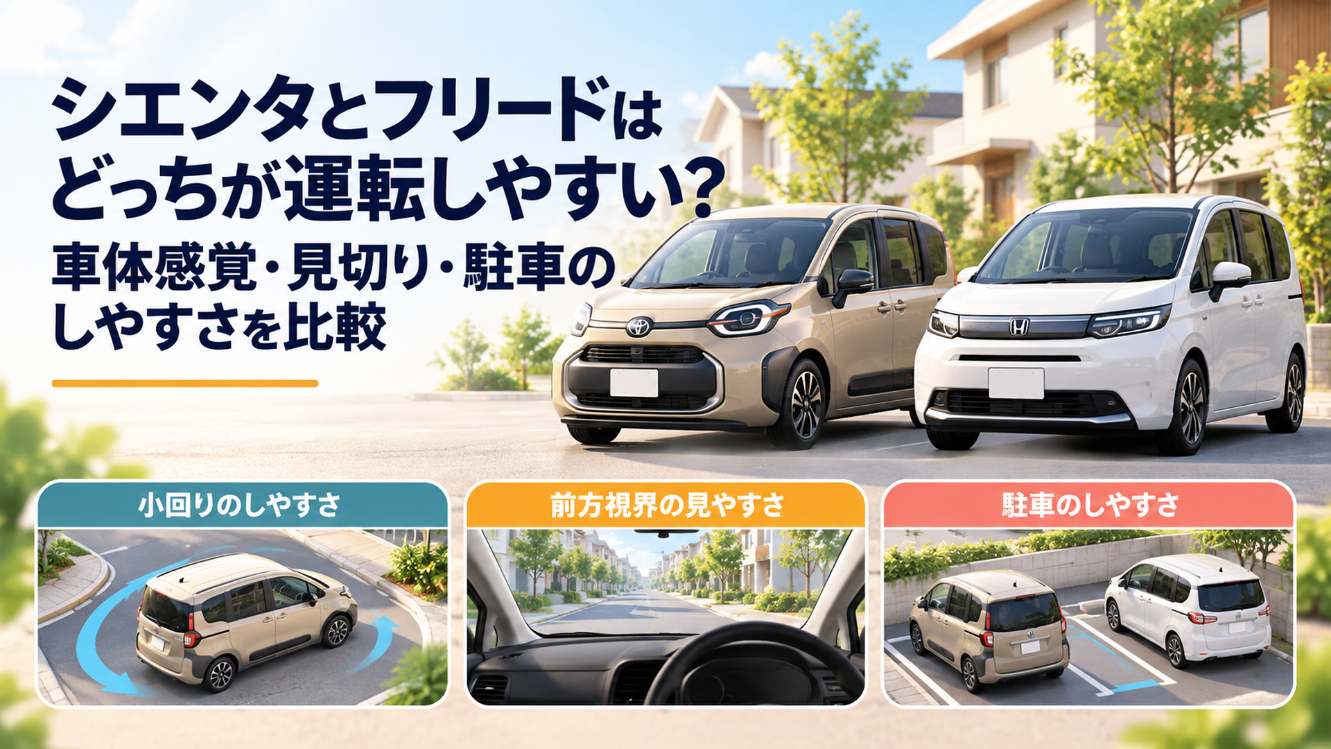 明るい住宅街の道路に並ぶベージュのトヨタ・シエンタ風コンパクトミニバンと白いホンダ・フリードAIR風コンパクトミニバン。両車の小回り、前方視界、駐車のしやすさを表現した横長16対9の高品質3D比較イラスト。落ち着いた明るい背景と上品な車体表現