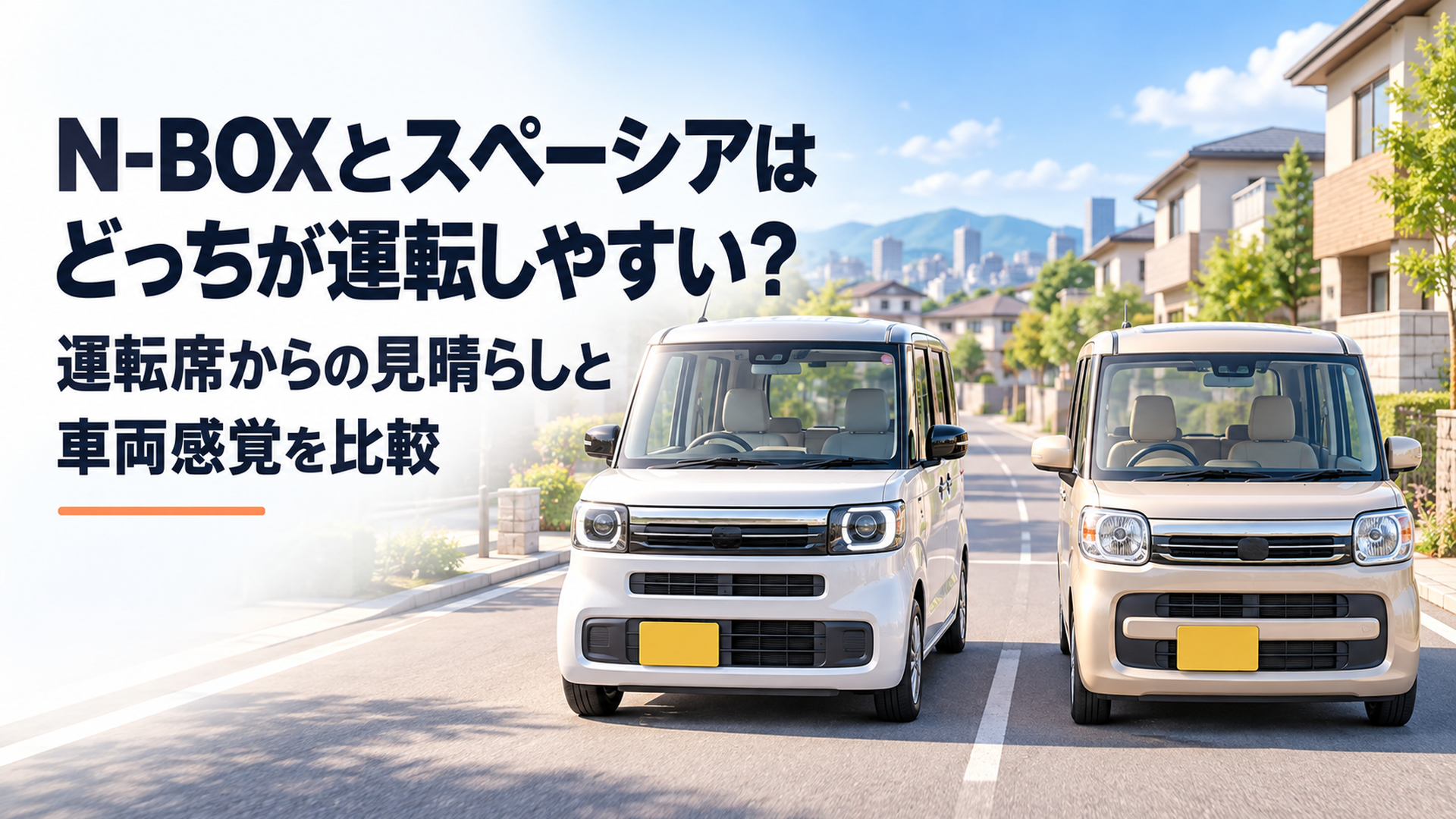 横長16対9の高品質スタイライズド3D比較イラスト。明るい日本の住宅街を背景に、左側に白いN-BOX風軽スーパーハイトワゴン、右側にベージュのスペーシア風軽スーパーハイトワゴンを配置。両車の大きなフロントガラスと運転席からの見晴らしの違いが伝わる構図。左側にタイトルを配置できる広