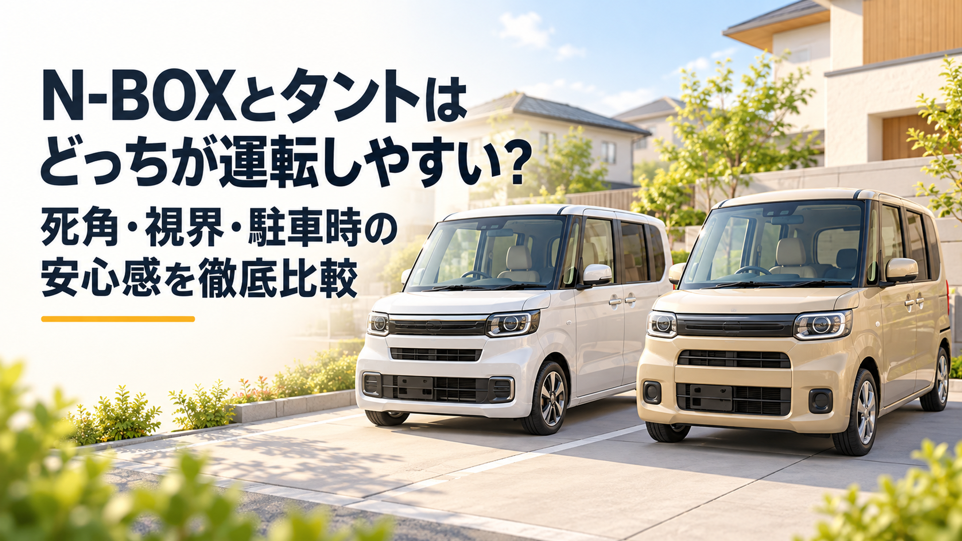 横長16対9の高品質スタイライズド3D比較イラスト。明るい日本の住宅街の駐車場を背景に、左側に白いホンダN-BOX風軽スーパーハイトワゴン、右側にベージュのダイハツ・タント風軽スーパーハイトワゴンを斜め前方から配置。大きなフロントガラス、見通しのよい運転席、車体の四隅の把握しやす