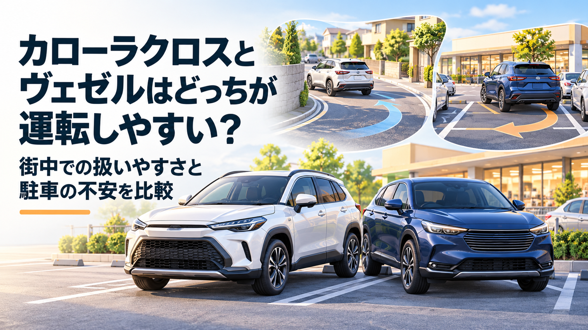 横長16対9の高品質スタイライズド3D比較イラスト。明るい日本の住宅街とスーパーの駐車場を背景に、左側に白いカローラクロス風SUV、右側に深いブルーのヴェゼル風SUVを配置。車体サイズと小回り性能の違いを、道路の曲線と駐車枠の構図で表現。上品で落ち着いた色調、文字やロゴなし