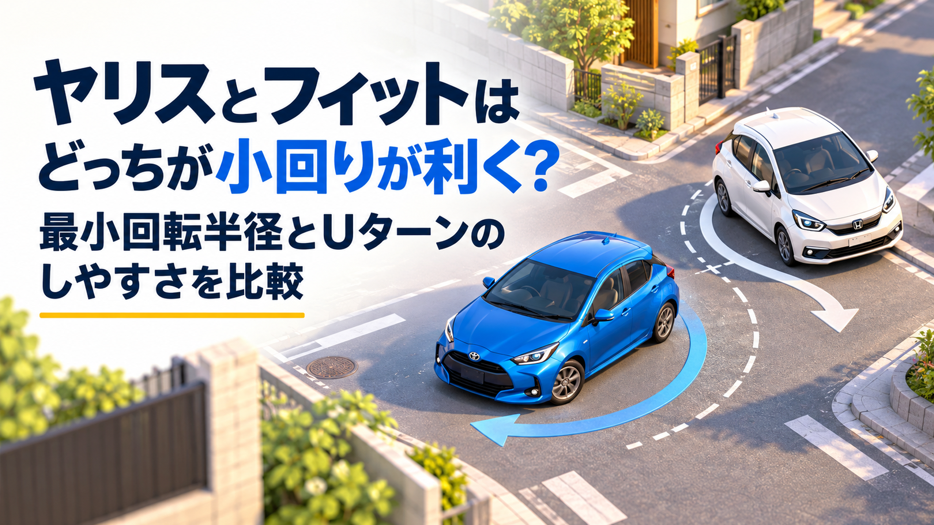 横長16対9の高品質スタイライズド3Dイラスト。明るい背景の左側に「ヤリスとフィット 小回り比較」という大きく読みやすい日本語見出し、右側に青いヤリス風コンパクトカーと白いフィット風コンパクトカーを配置。日本の住宅街の交差点で2台が旋回する様子を俯瞰気味に描き、滑らかな旋回軌跡を