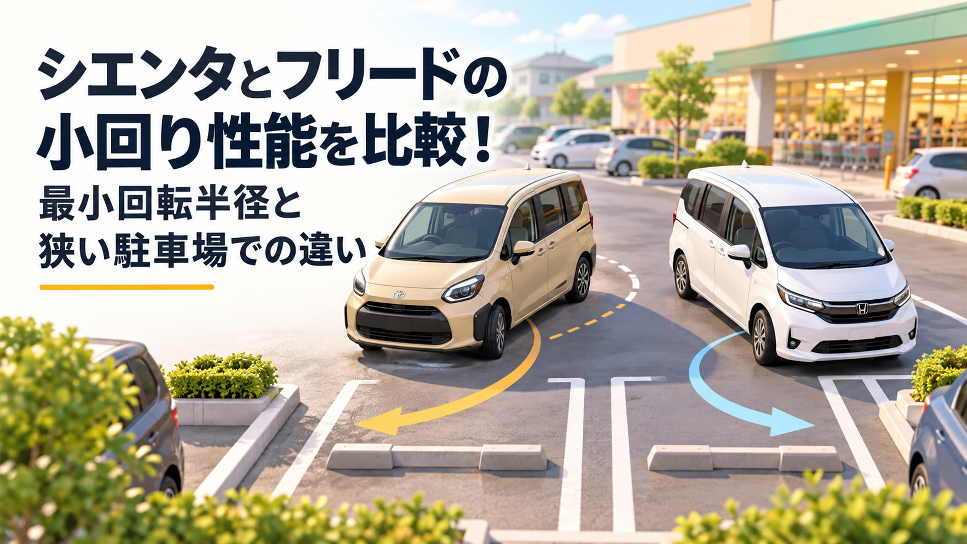 横長16対9の高品質スタイライズド3D比較イラスト。明るい日本の住宅街にあるスーパーの駐車場を背景に、左側にベージュのトヨタ・シエンタ風コンパクトミニバン、右側に白いホンダ・フリード風コンパクトミニバンを同じ縮尺で配置。狭い通路から駐車枠へ進入する場面を俯瞰気味に描く。柔らかな自
