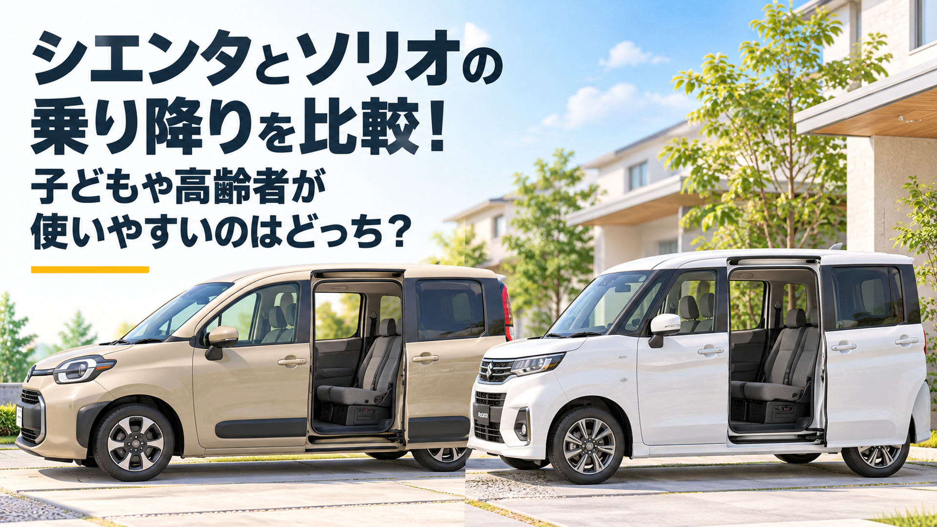 横長16対9の高品質スタイライズド3D比較イラスト。明るい住宅街の駐車場にベージュのシエンタ風コンパクトミニバンと白いソリオ風コンパクトトールワゴンを同じ縮尺で並べる。両車の後席スライドドアを開き、乗降口の段差、車内フロア、後席の足元空間が分かる構図。柔らかな自然光、清潔感のある