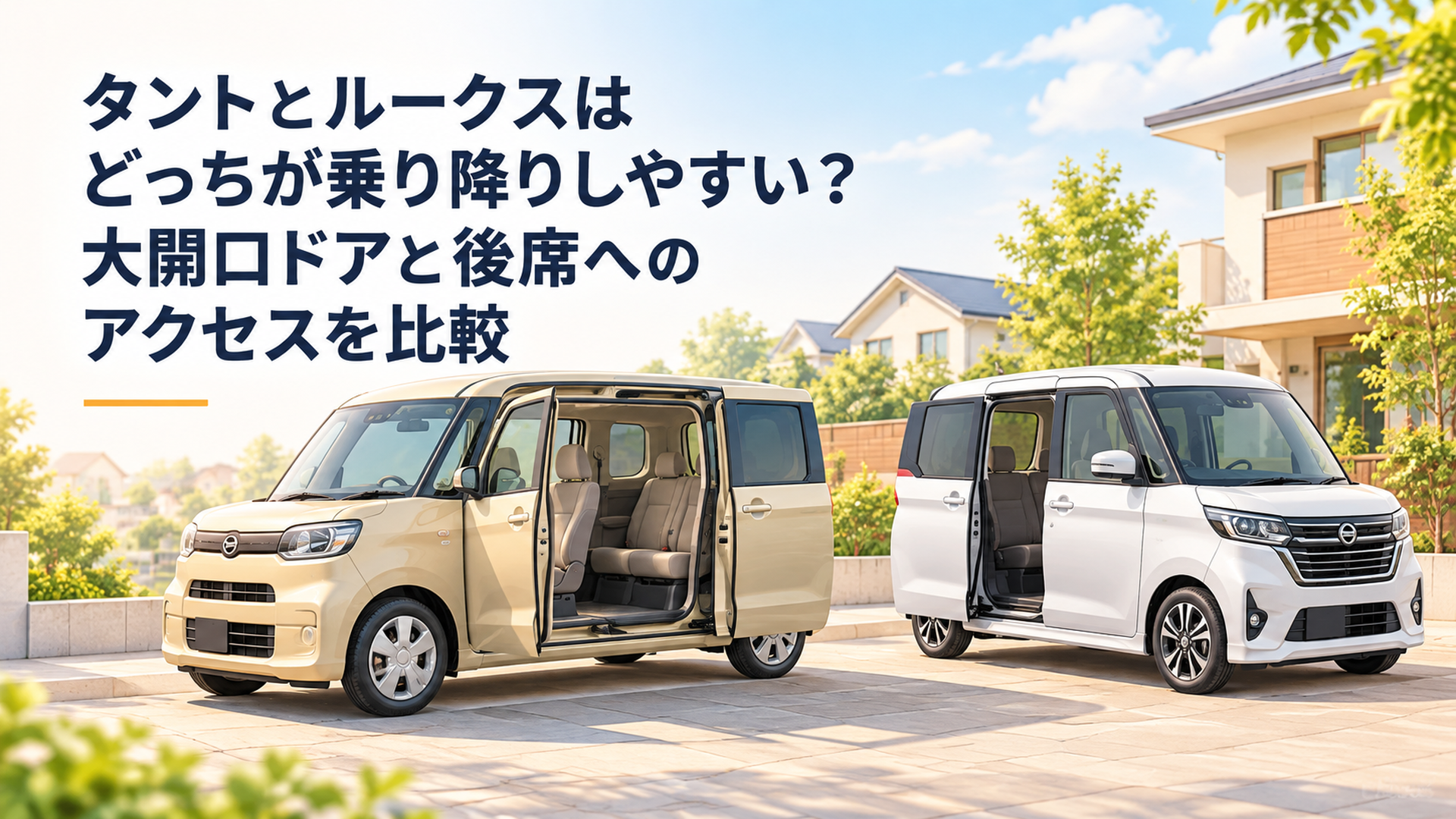 横長16対9の高品質スタイライズド3Dイラスト。明るい住宅街の駐車場にベージュのタント風軽スーパーハイトワゴンと白いルークス風軽スーパーハイトワゴンを同じ縮尺で配置。タントは助手席側の前後ドアを開きセンターピラーのない大開口を表現。ルークスは後席スライドドアを開いて広い乗降口を表