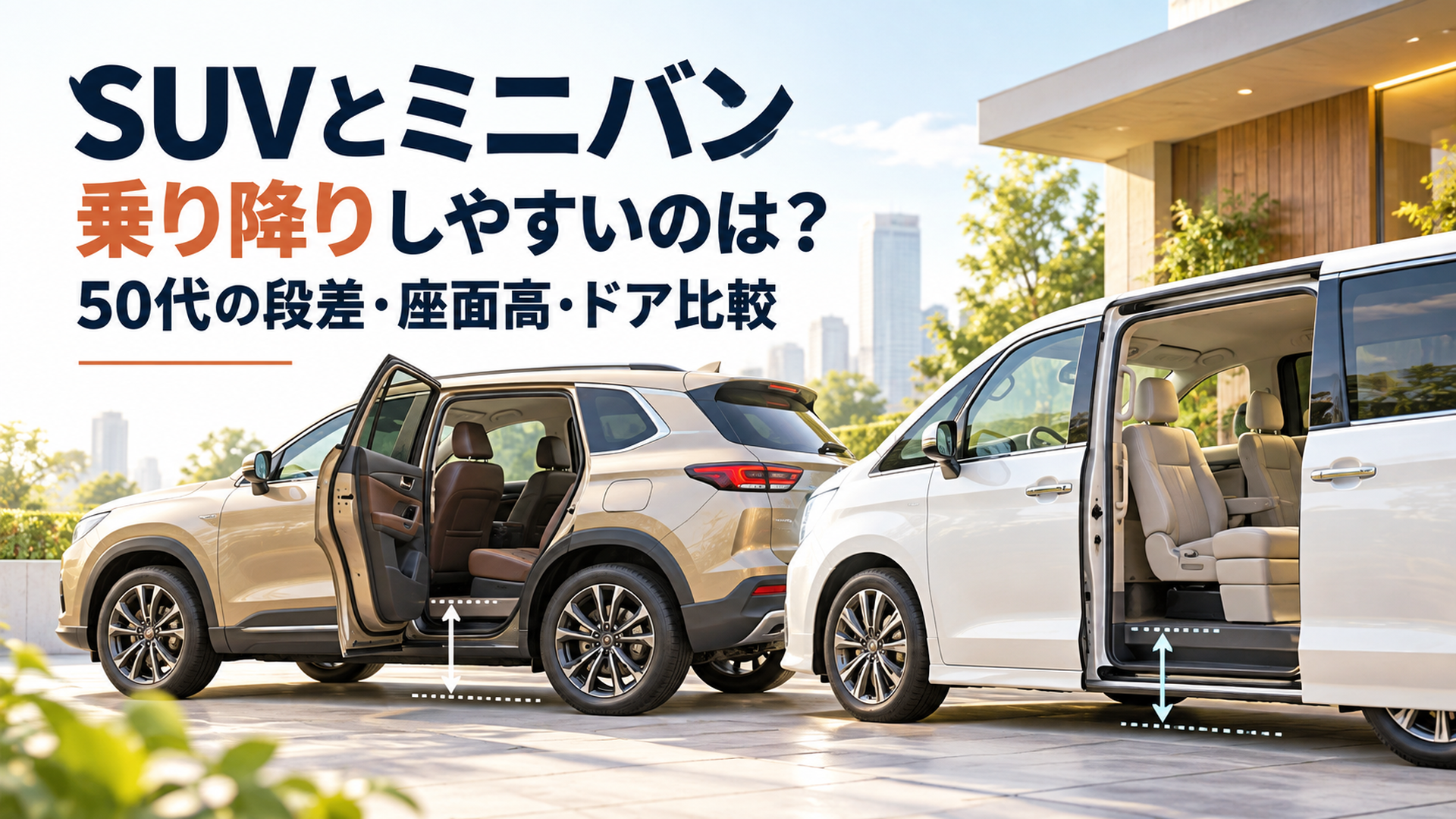 横長16対9の明るい背景。左側に「SUVとミニバン」「乗り降りしやすいのは？」「50代の段差・座面高・ドア比較」という日本語見出しを大きく配置。右側にベージュの都市型SUVと白い低床ミニバンを並べ、SUVの後席ヒンジ式ドアとミニバンのスライドドアを開いた状態で表現。乗降口の段差と