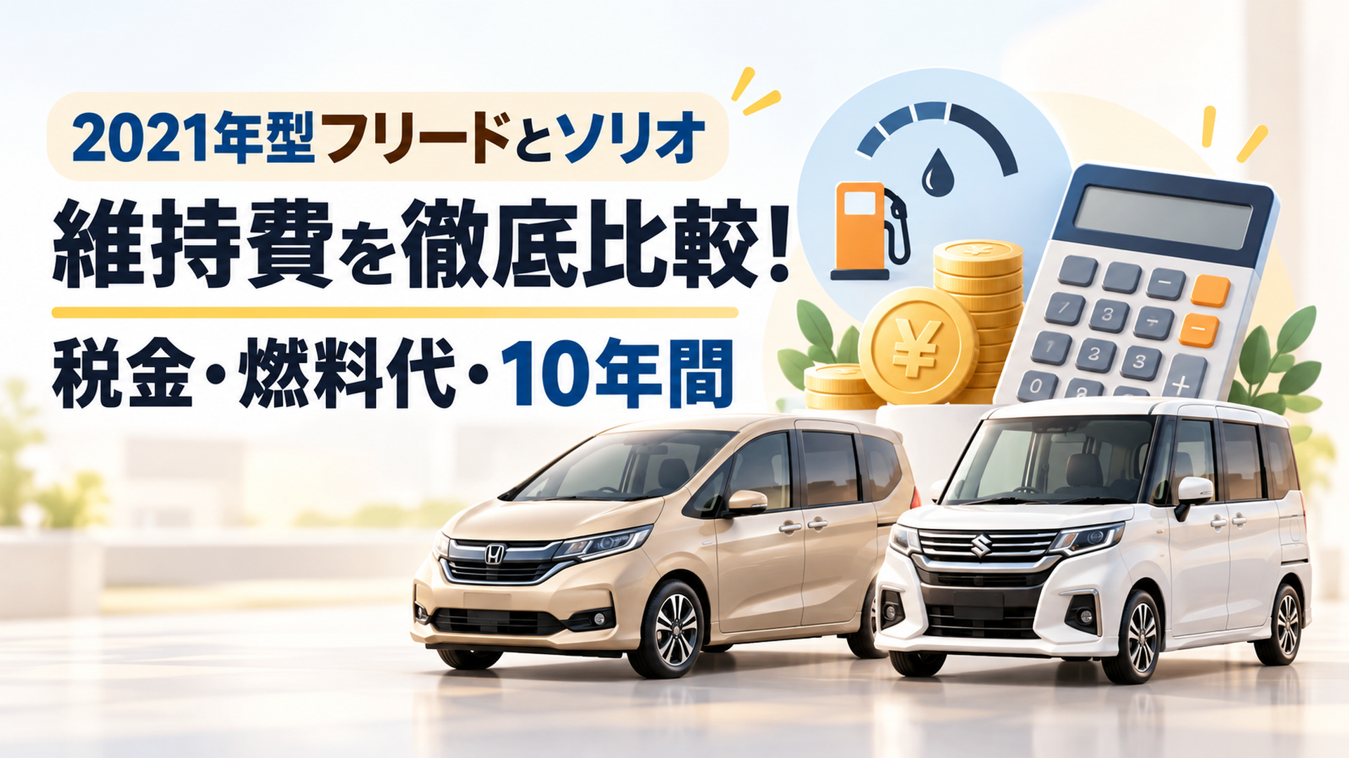 横長16対9の明るい背景。左側に「2021年型フリードとソリオ」「維持費を徹底比較！」「税金・燃料代・10年間」の大きな日本語見出しを配置。文字はすべて画面内に収め、四辺に7％以上の余白を確保する。右側にはベージュの2021年型ホンダ・フリード風コンパクトミニバンと白い2021年