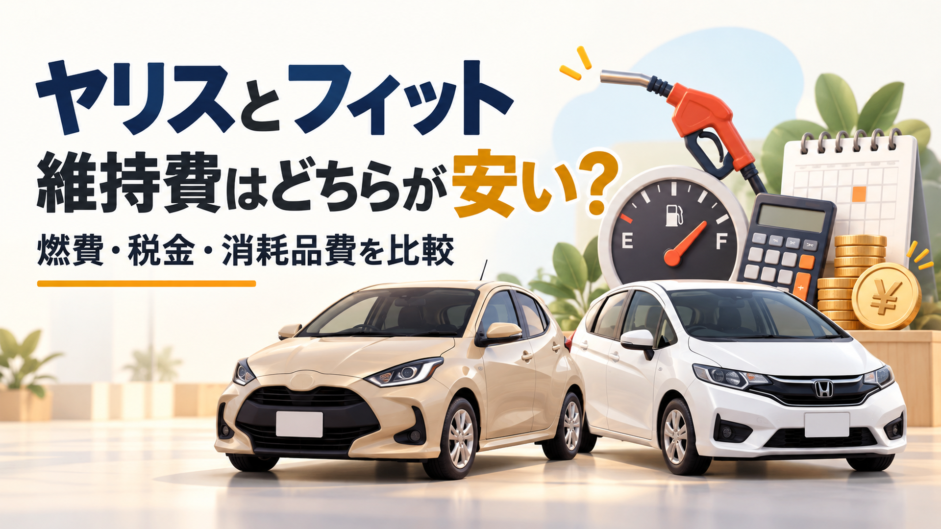横長16対9の明るい背景。左側に「ヤリスとフィット 維持費はどちらが安い？」という大きく読みやすい日本語見出し、右側にベージュのヤリス風コンパクトカーと白いフィット風コンパクトカーを同じ縮尺で配置。燃料計、給油ノズル、電卓、硬貨、カレンダーを添えた高品質スタイライズド3Dイラスト