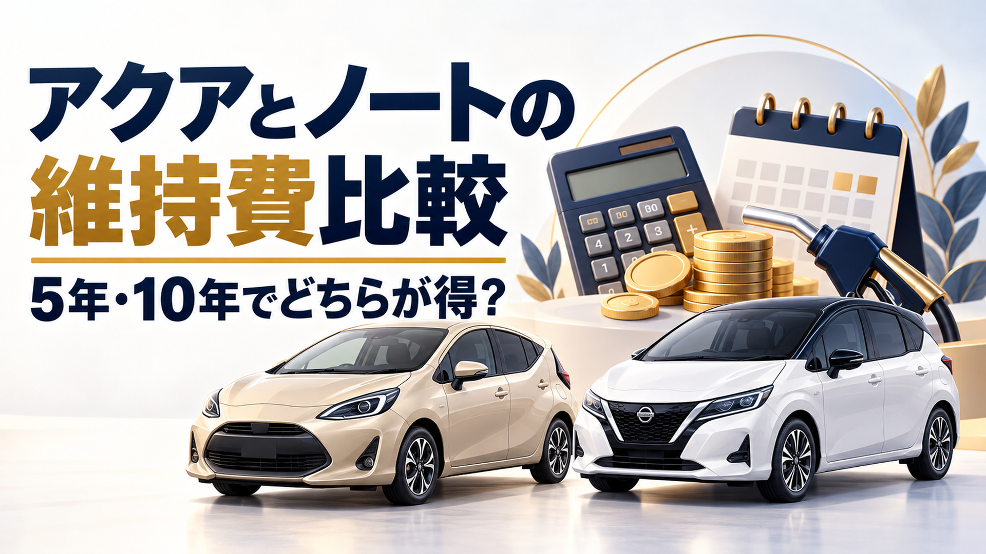 横長16対9の明るい背景。左側に「アクアとノートの維持費比較」「5年・10年でどちらが得？」という日本語見出しを大きく配置し、全方向に7％以上の余白を確保。右側にベージュのアクア風ハイブリッドコンパクトカーと白いノート風e-POWERコンパクトカーを同じ縮尺で配置。電卓、給油ノズ