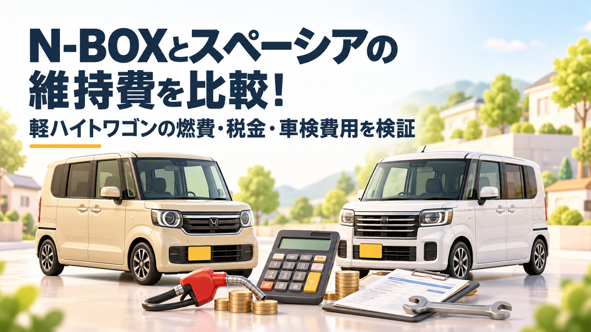 横長16対9の明るい背景。左にベージュのN-BOX風軽ハイトワゴン、右に白いスペーシア風軽ハイトワゴンを同じ縮尺で配置。中央に電卓、給油ノズル、硬貨、車検書類を並べ、5年間の維持費比較を表現した上質なスタイライズド3Dイラスト。文字を入れず、清潔感のある落ち着いた構図