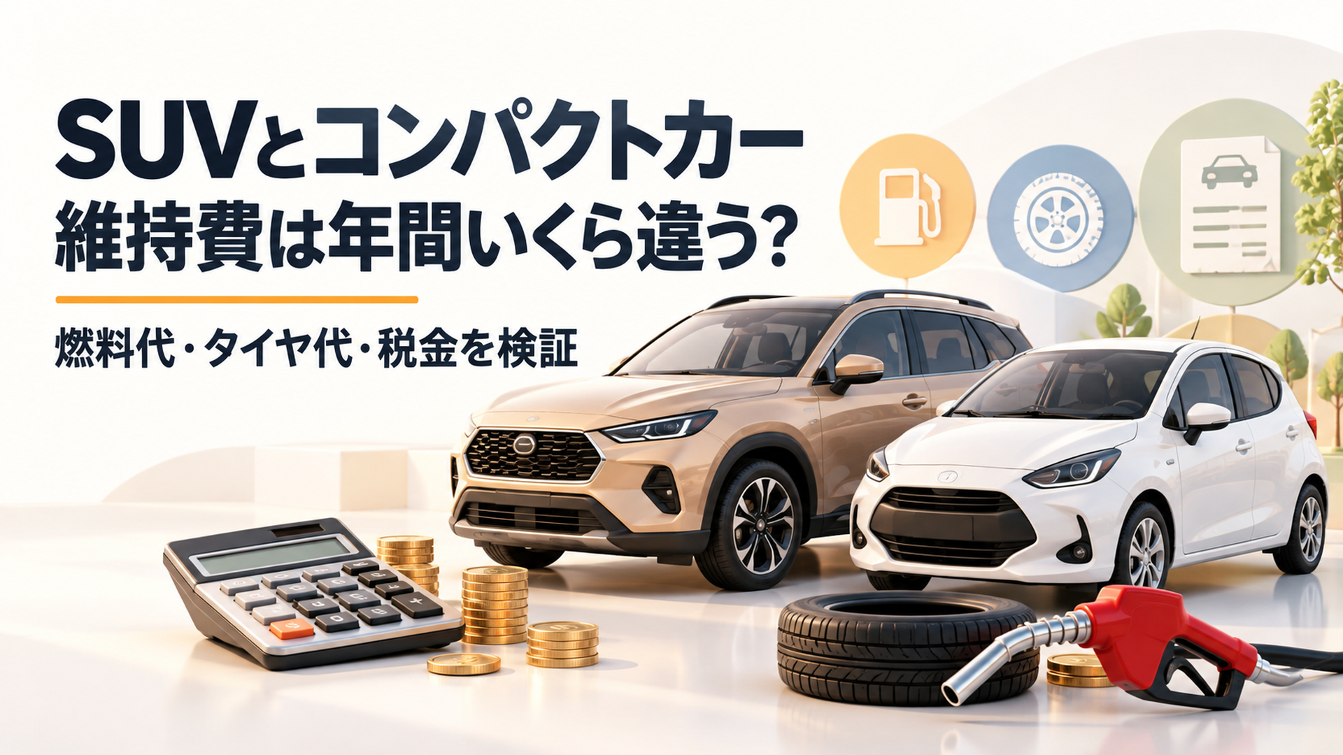 横長16対9の明るい背景。左側に「SUVとコンパクトカー 維持費は年間いくら違う？」という大きく読みやすい日本語見出しを余白7%以上で配置。右側にベージュのコンパクトSUVと白いコンパクトカーを同じ縮尺で並べ、電卓、タイヤ、給油ノズル、硬貨を添えた上品な3D CGイラスト。
